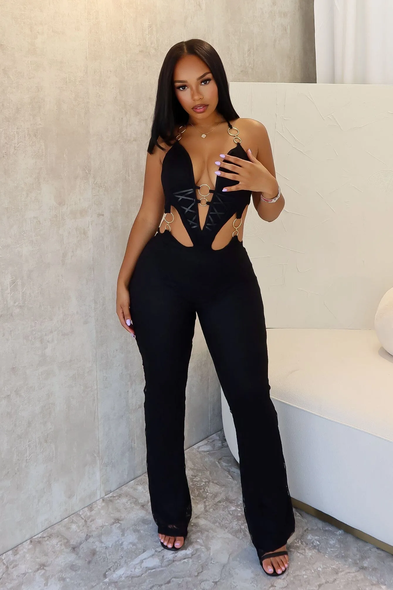 Travel Essential All Purpose Darla Lace Halter Cut Out Jumpsuit