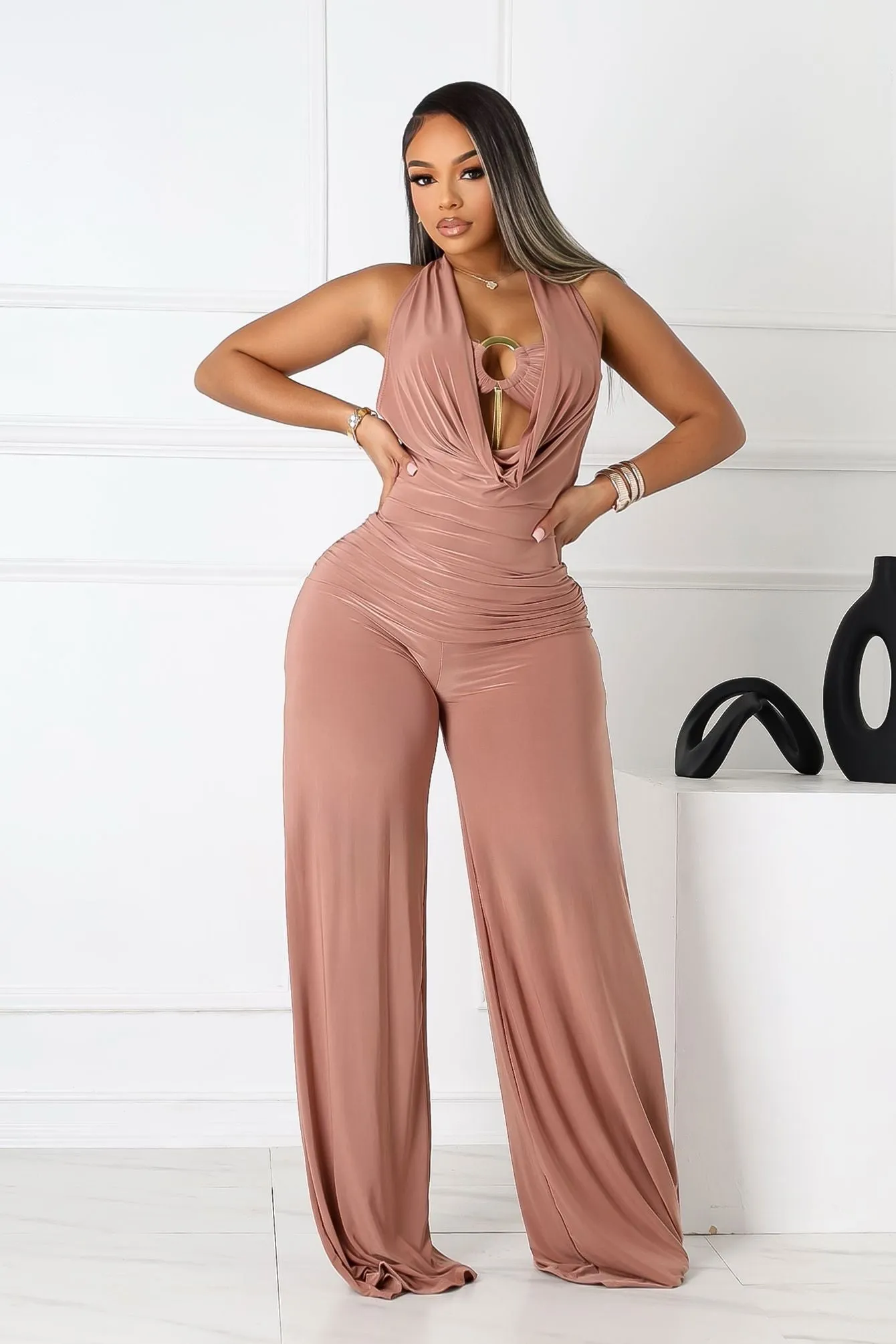 Workout-ready Plunge Cowl Neck Jumpsuit with Tube Top