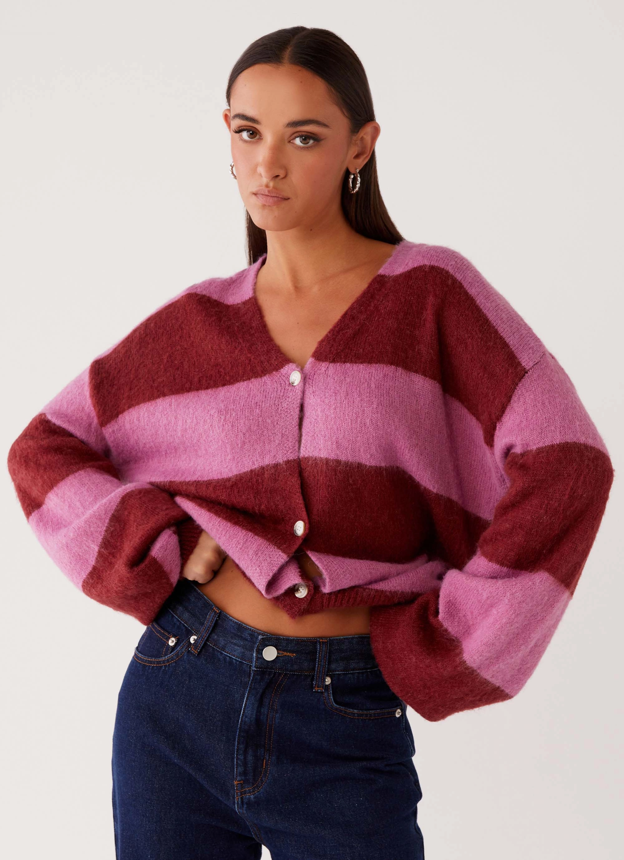 Subtle Fashion Fit CompactPacking Ainslee Oversized Knit Cardigan - Red Pink Stripe