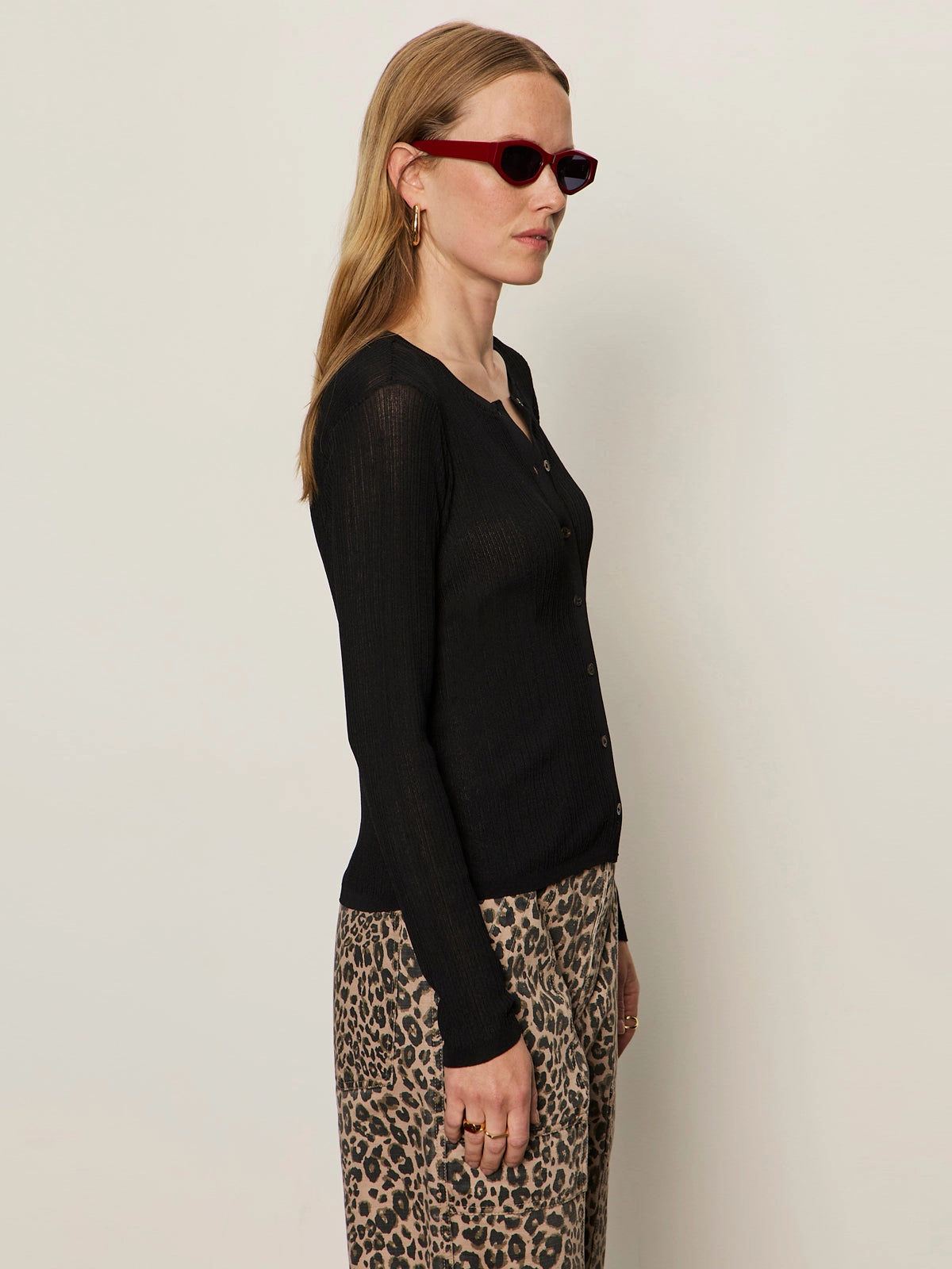 Lightweight Ribbed Cardi Black Placket Detailing