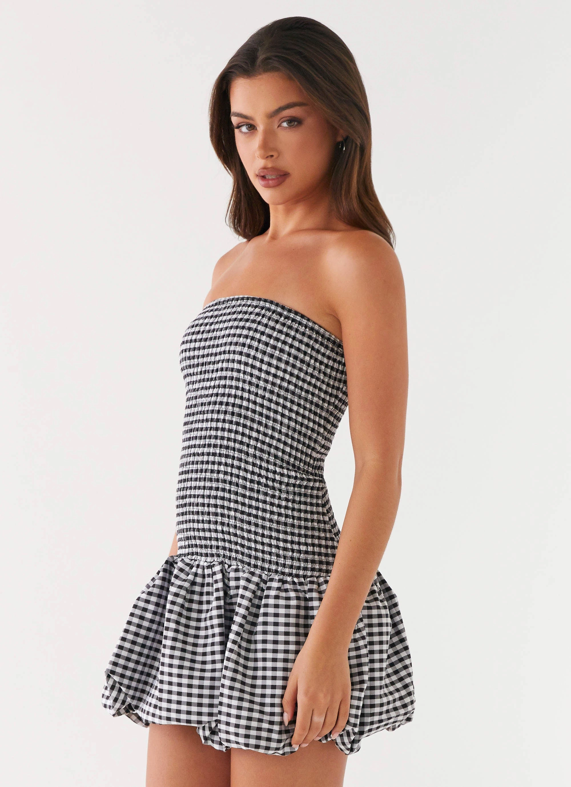 Martell Mini Dress - Black Gingham Adjustable Hem Urban Mood