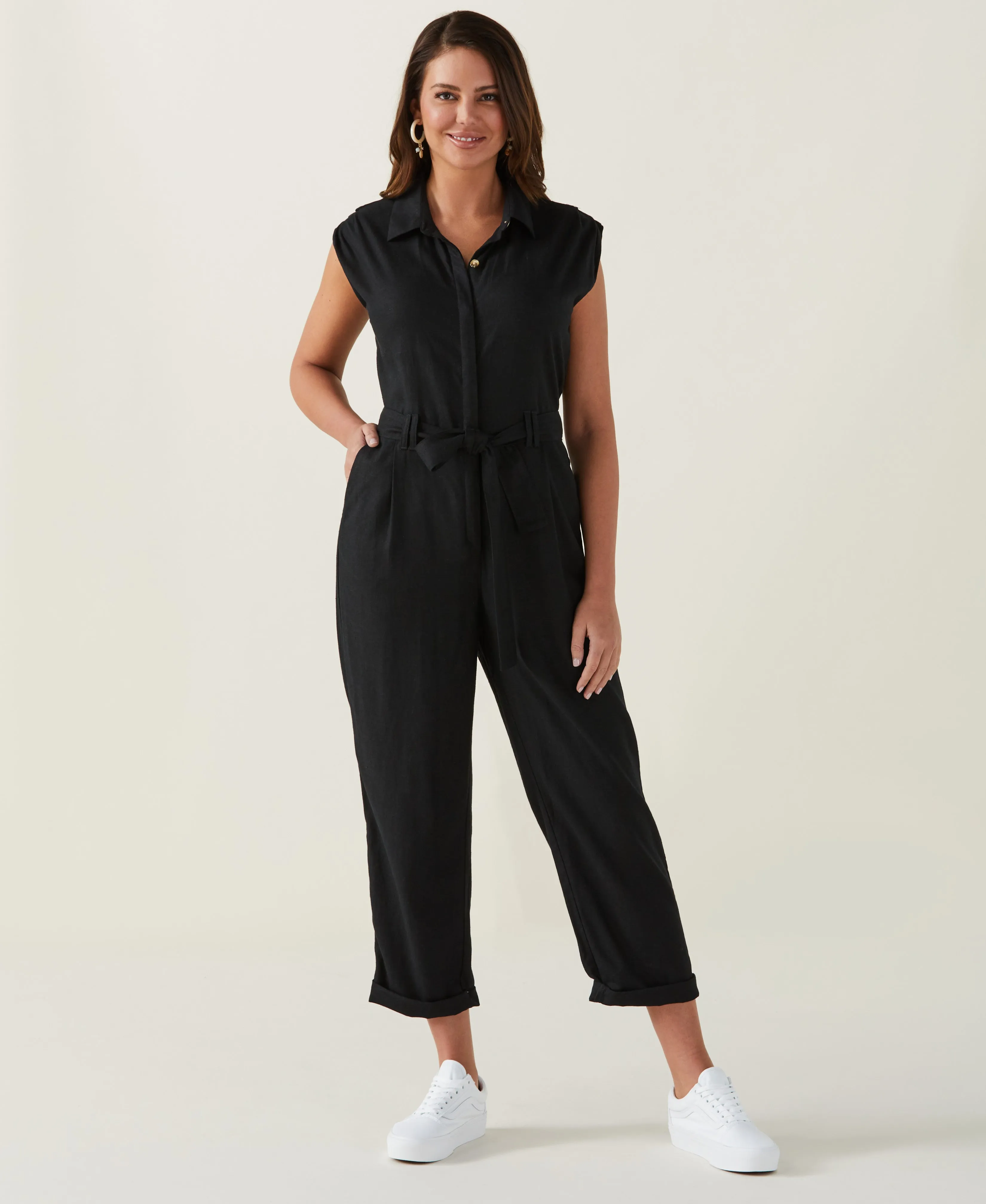 Linen Blend Jumpsuit Sleek Design Anti Static Fabric