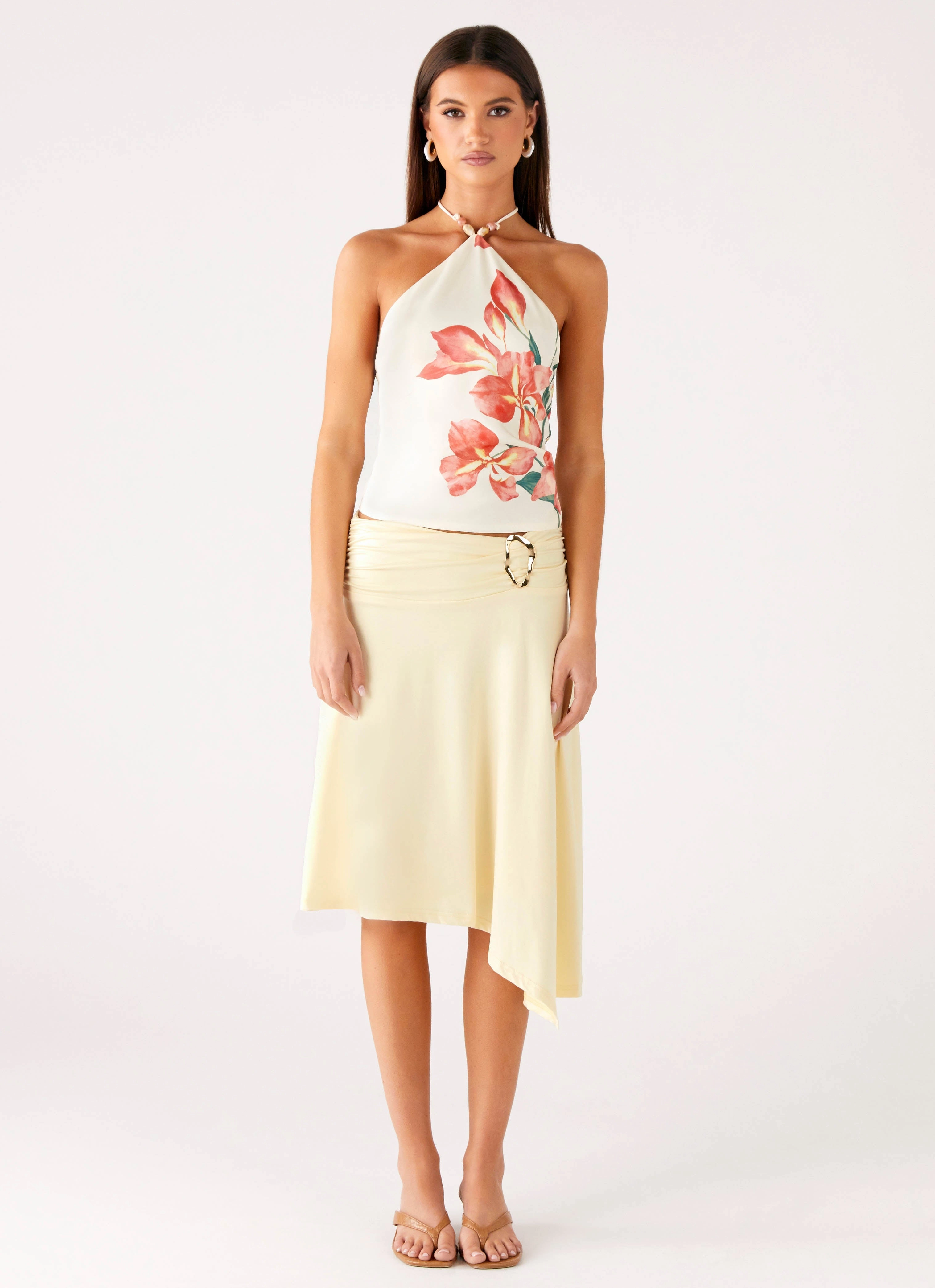 Loreta Beaded Tie Back Top - Siena Floral Double Layered Hem SoftTouchBrushedInterior