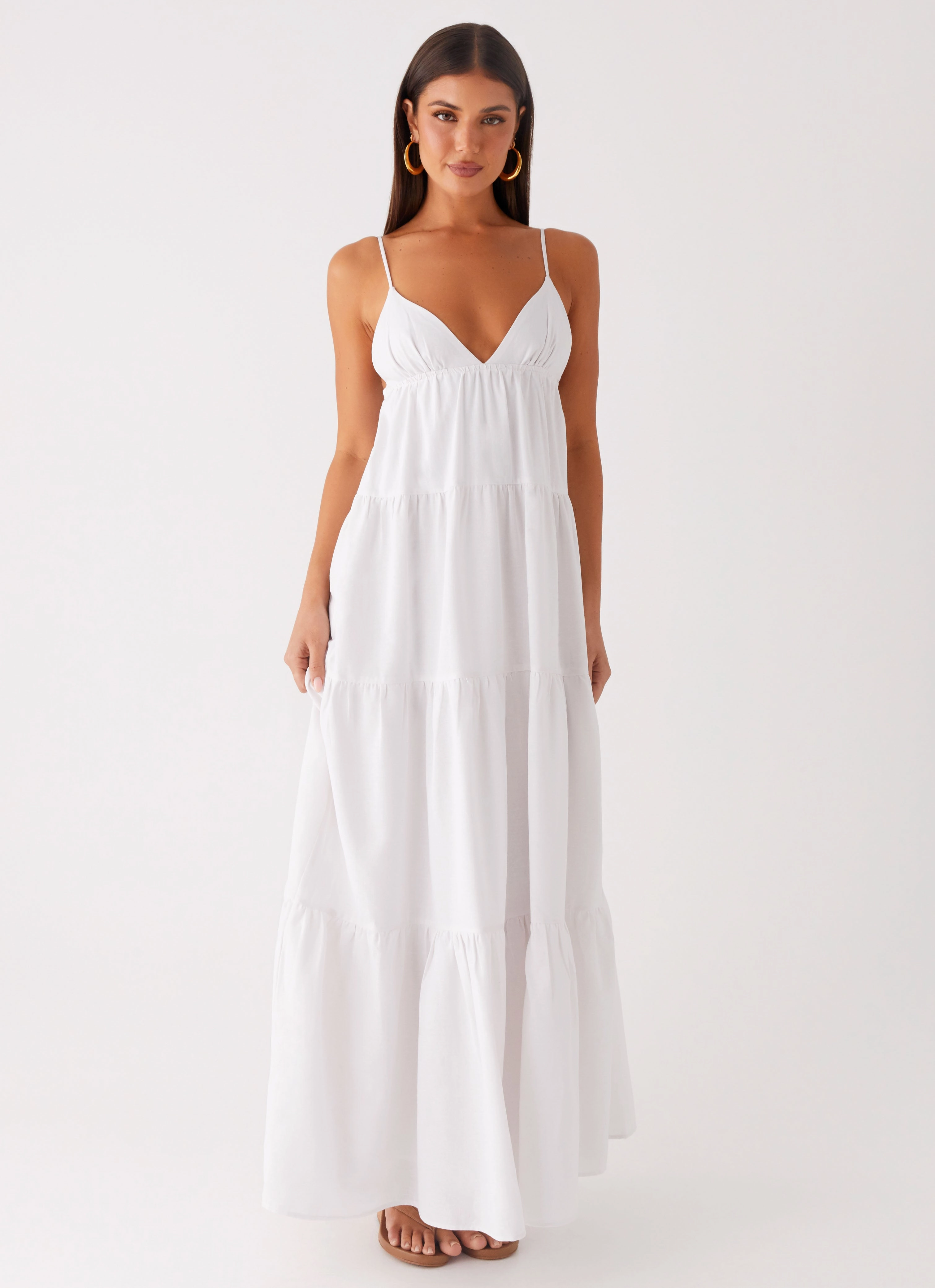 Lotty Linen Maxi Dress - White High Waist Sheer Light