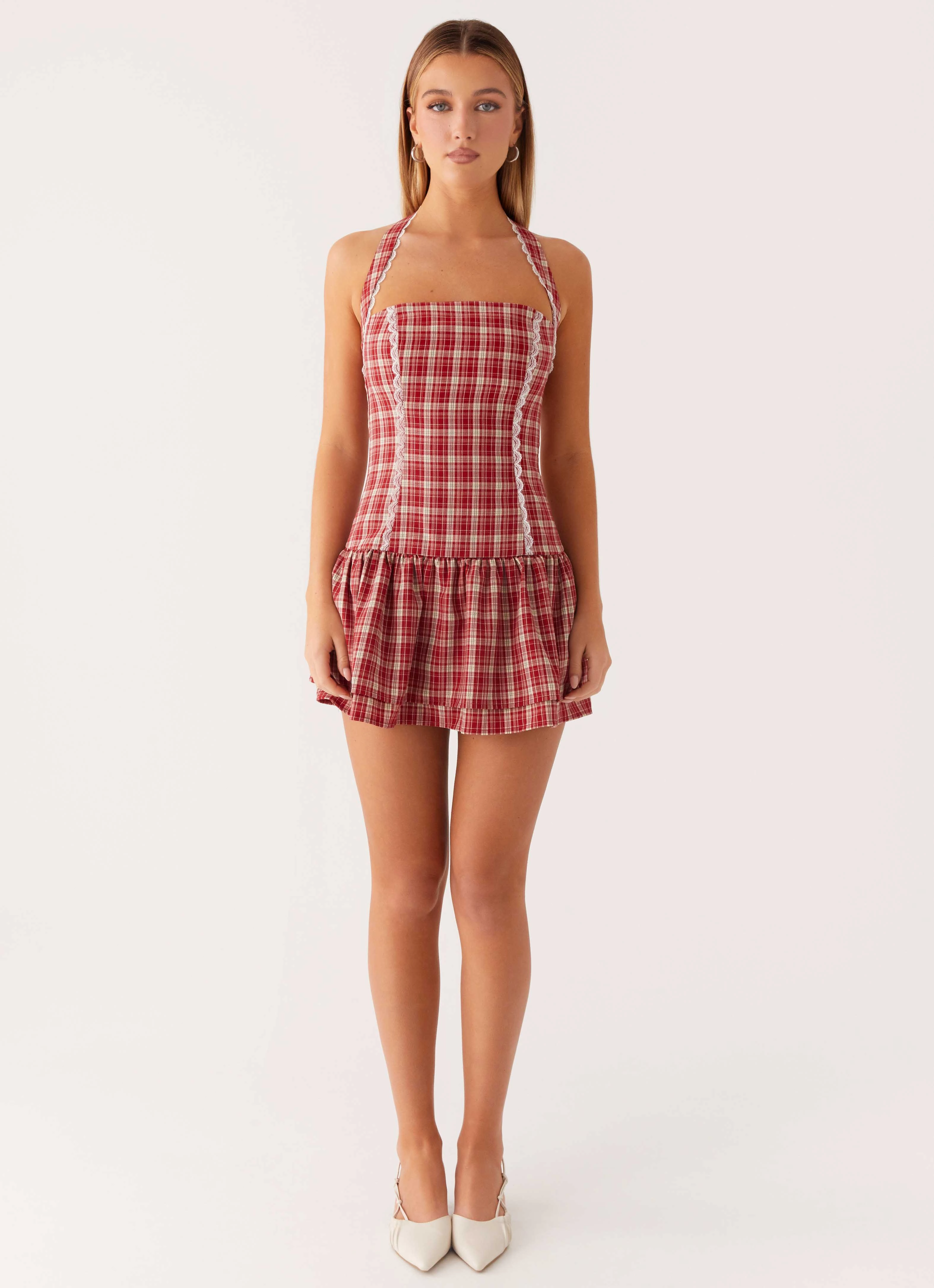 Minimal Aesthetic Chill Friendly Lotus Dream Mini Dress - Ruby Check