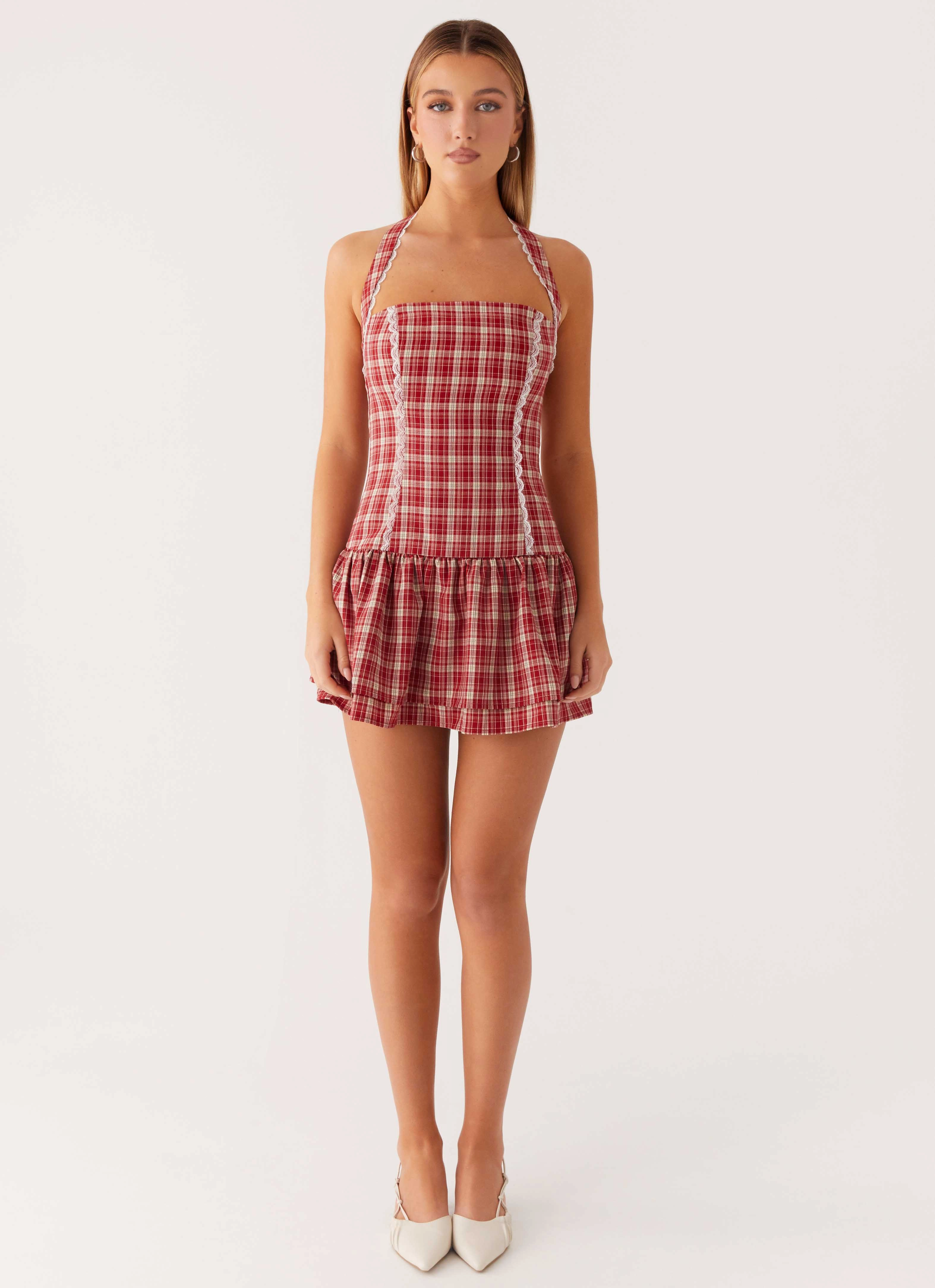 Lotus Dream Mini Dress - Ruby Check Low Impact Dye Smart Look