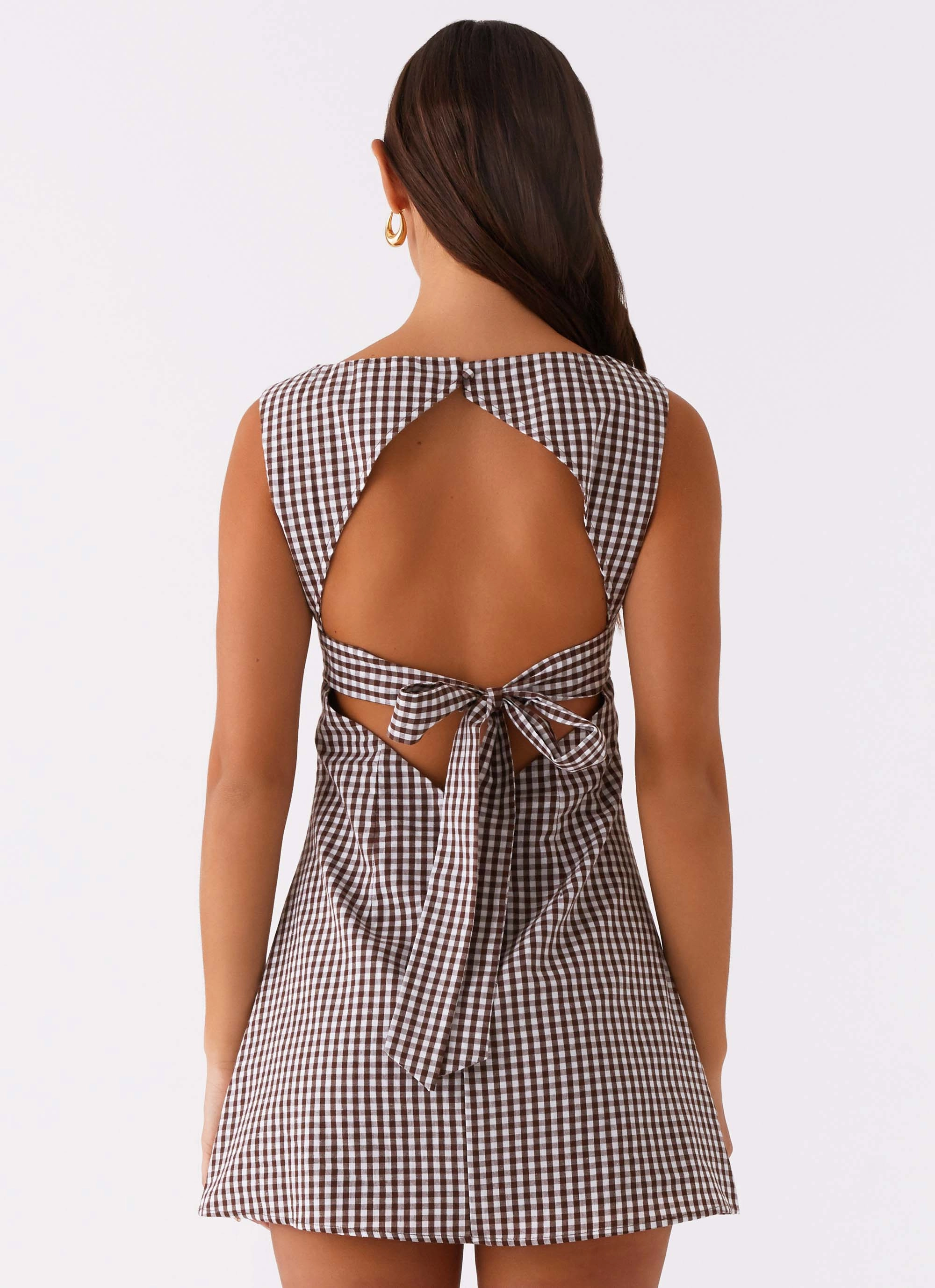 Lotus Tie Back Mini Dress - Chocolate Gingham Tagless label Casual Moments