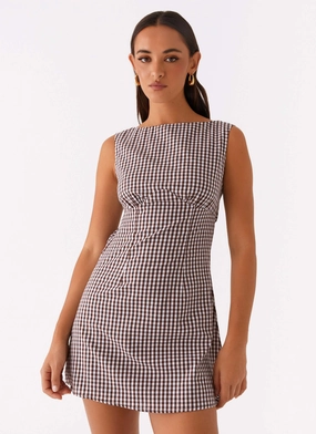 Lotus Tie Back Mini Dress - Chocolate Gingham Maternity Friendly