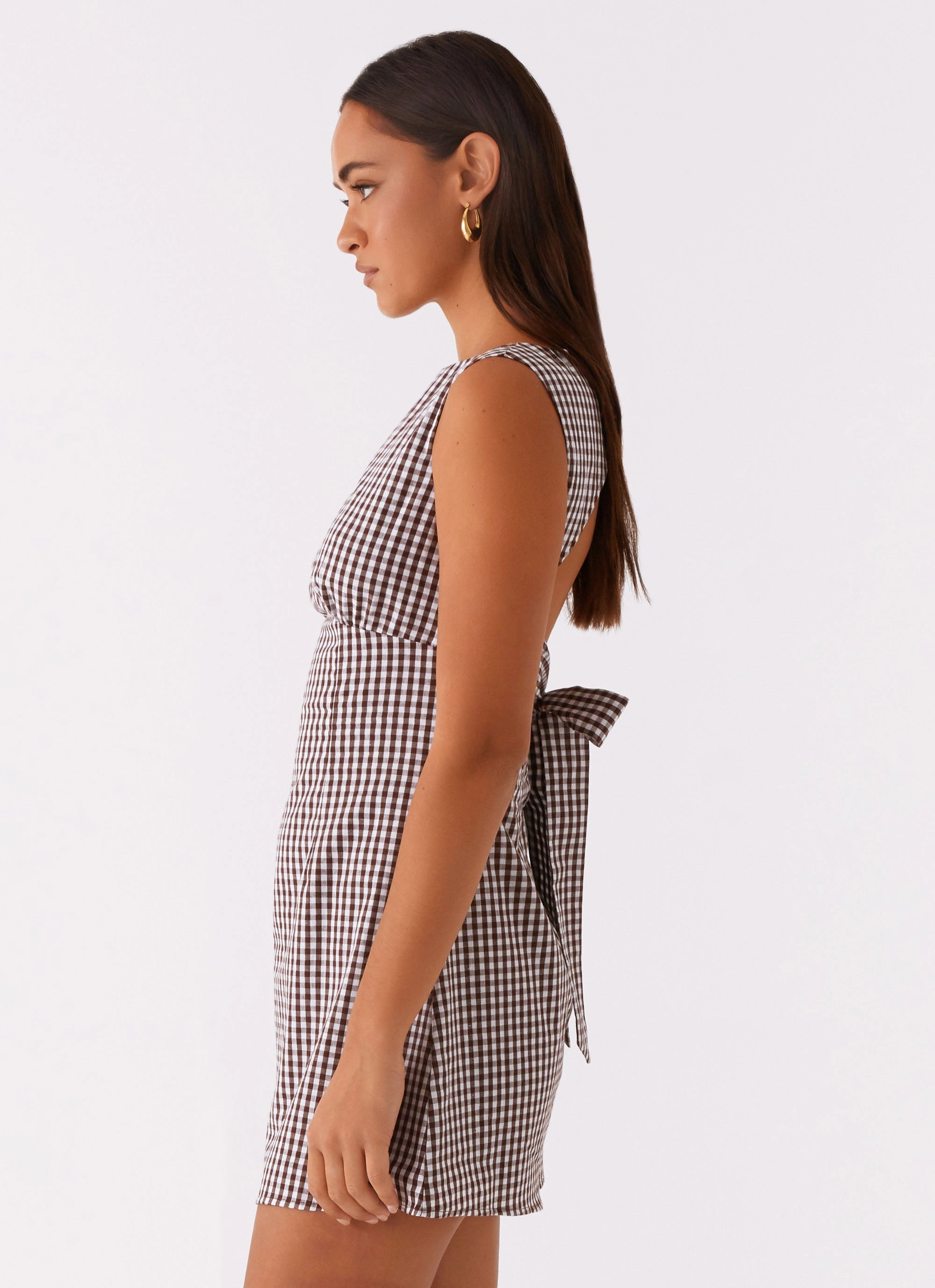 Lotus Tie Back Mini Dress - Chocolate Gingham Future Fashion