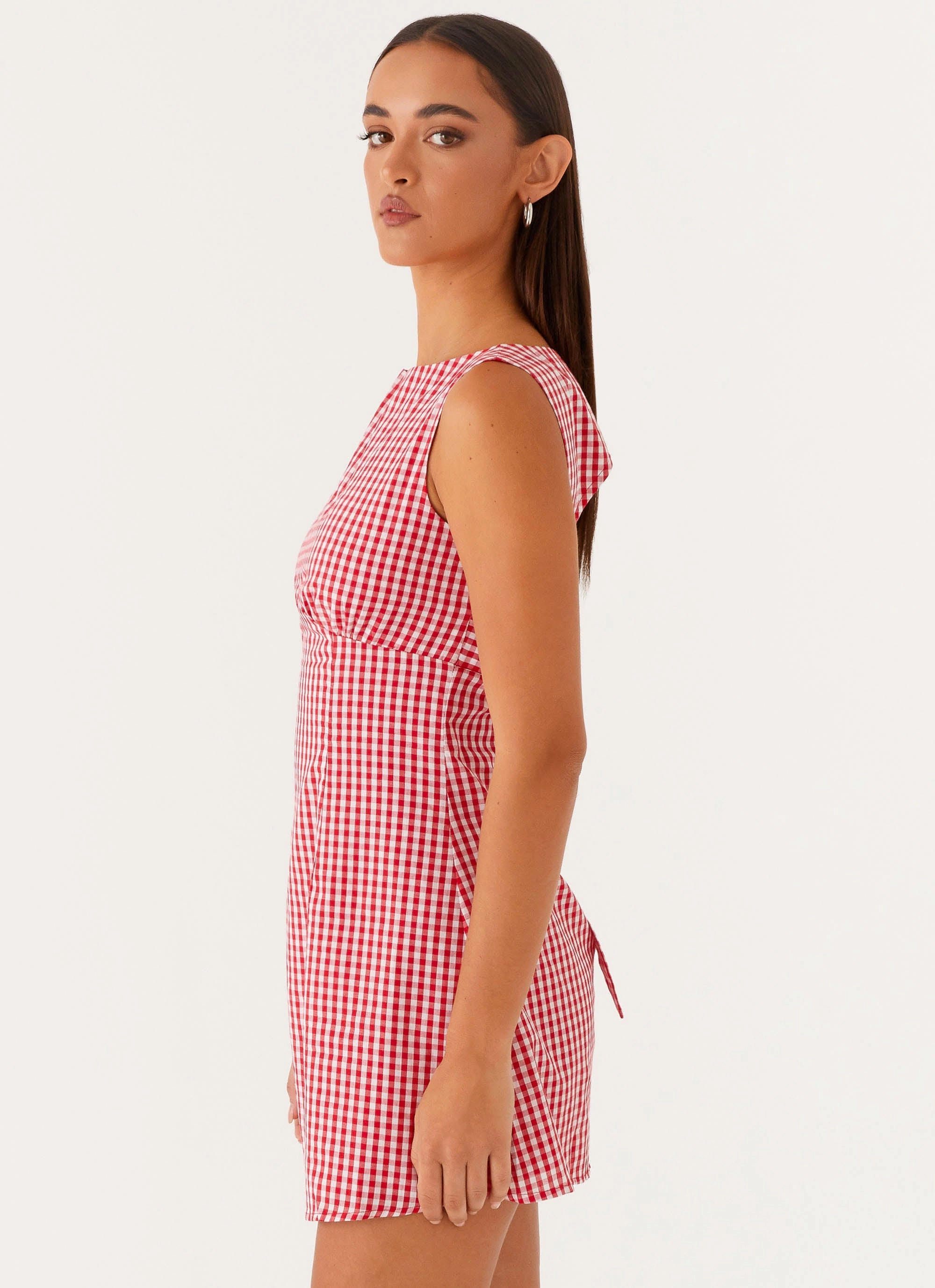 Trendy Outfit Simple Styling Lotus Tie Back Mini Dress - Red Gingham