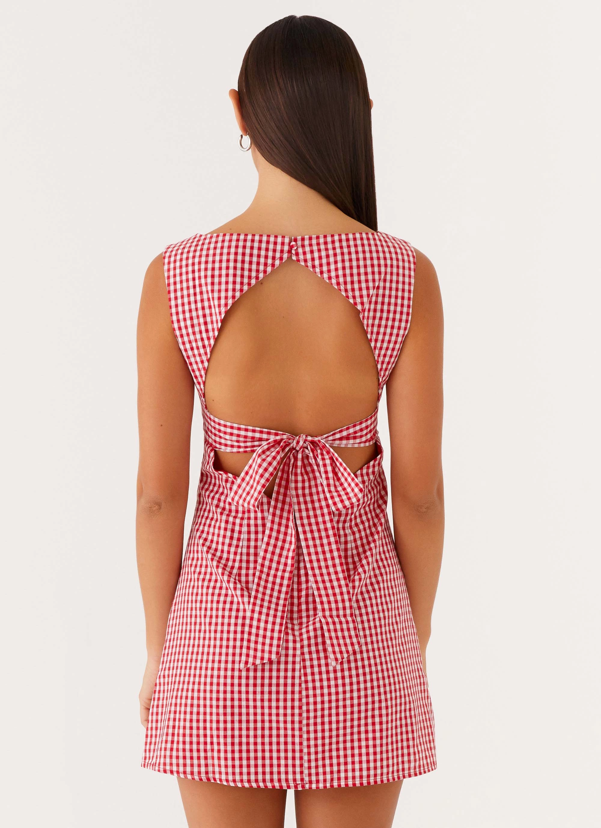 City Mood Water Repellent Finish Lotus Tie Back Mini Dress - Red Gingham