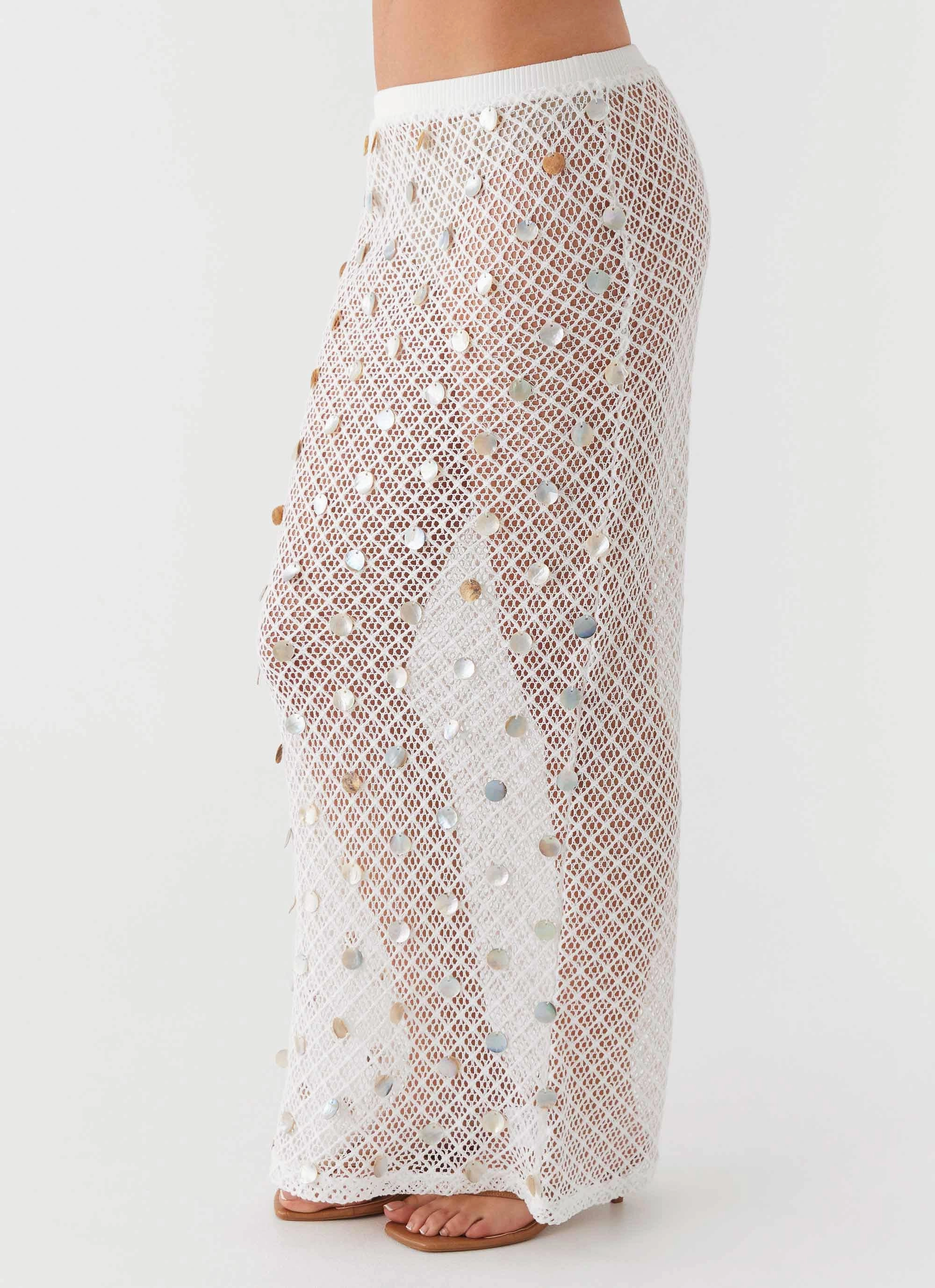 Side Pockets Lovina Shell Knit Maxi Skirt - White