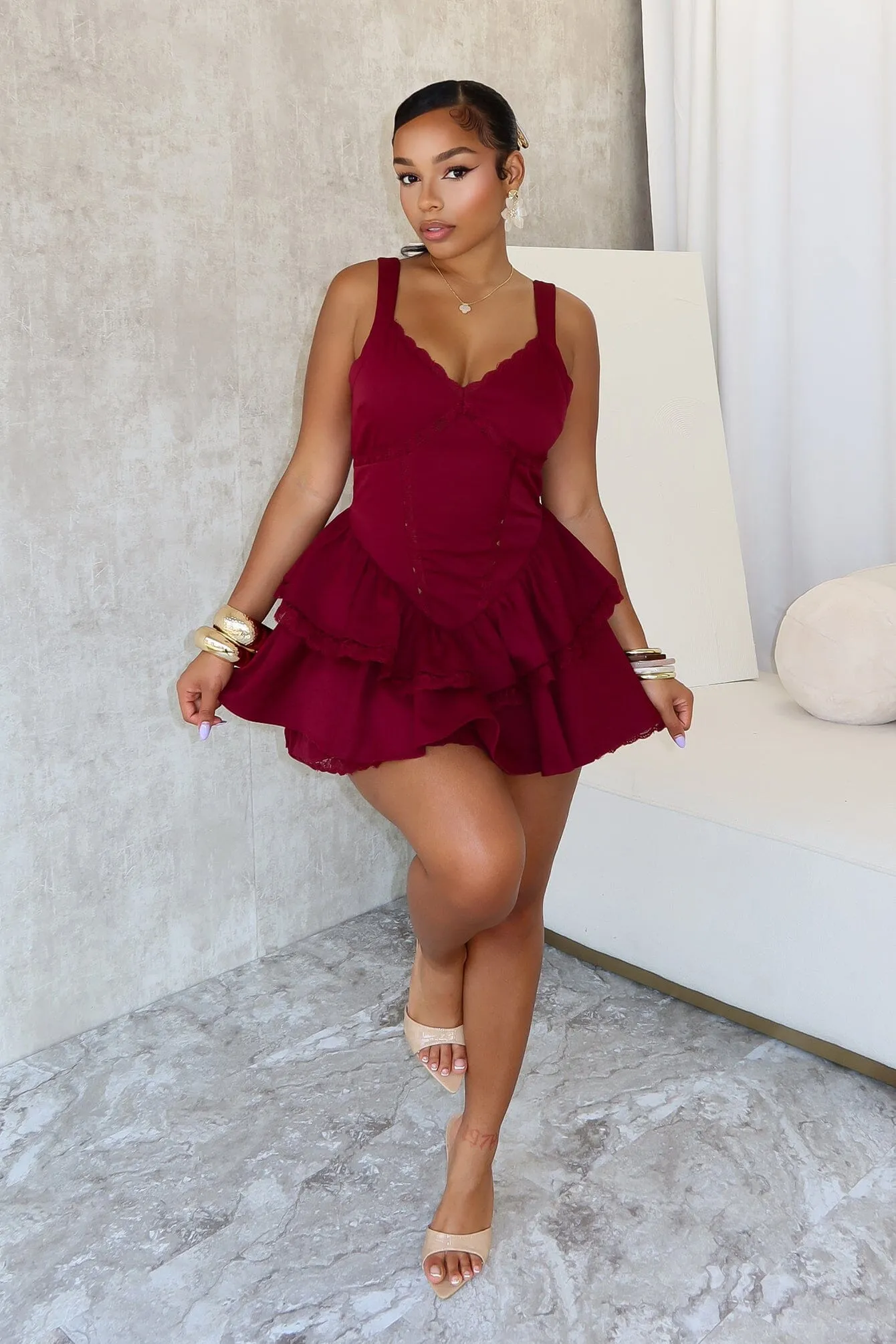 Comfy Flex Lucky You Lace Trim Layered Mini Dress