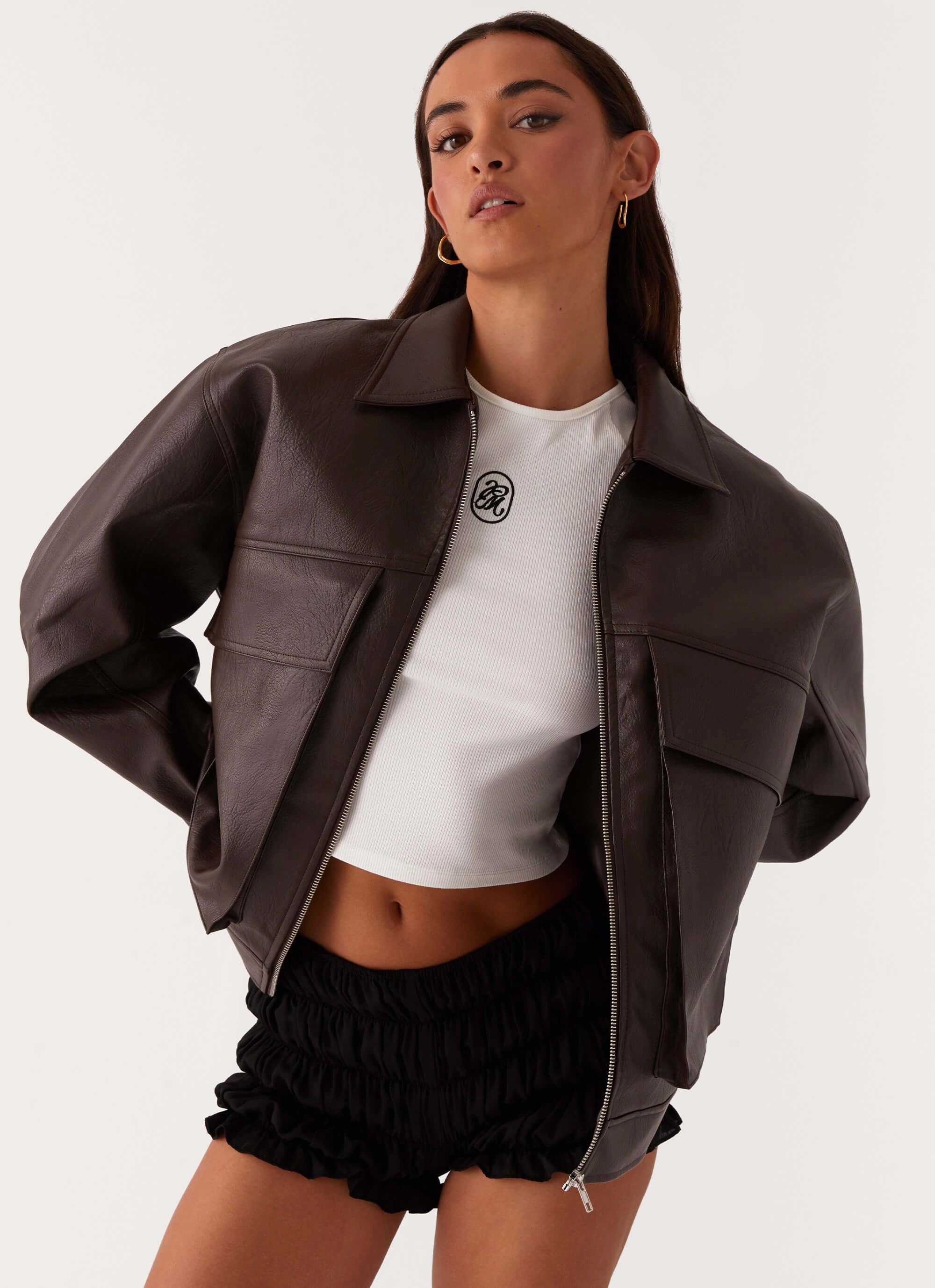 popular in America Lula Faux Leather Bomber Jacket - Chocolate