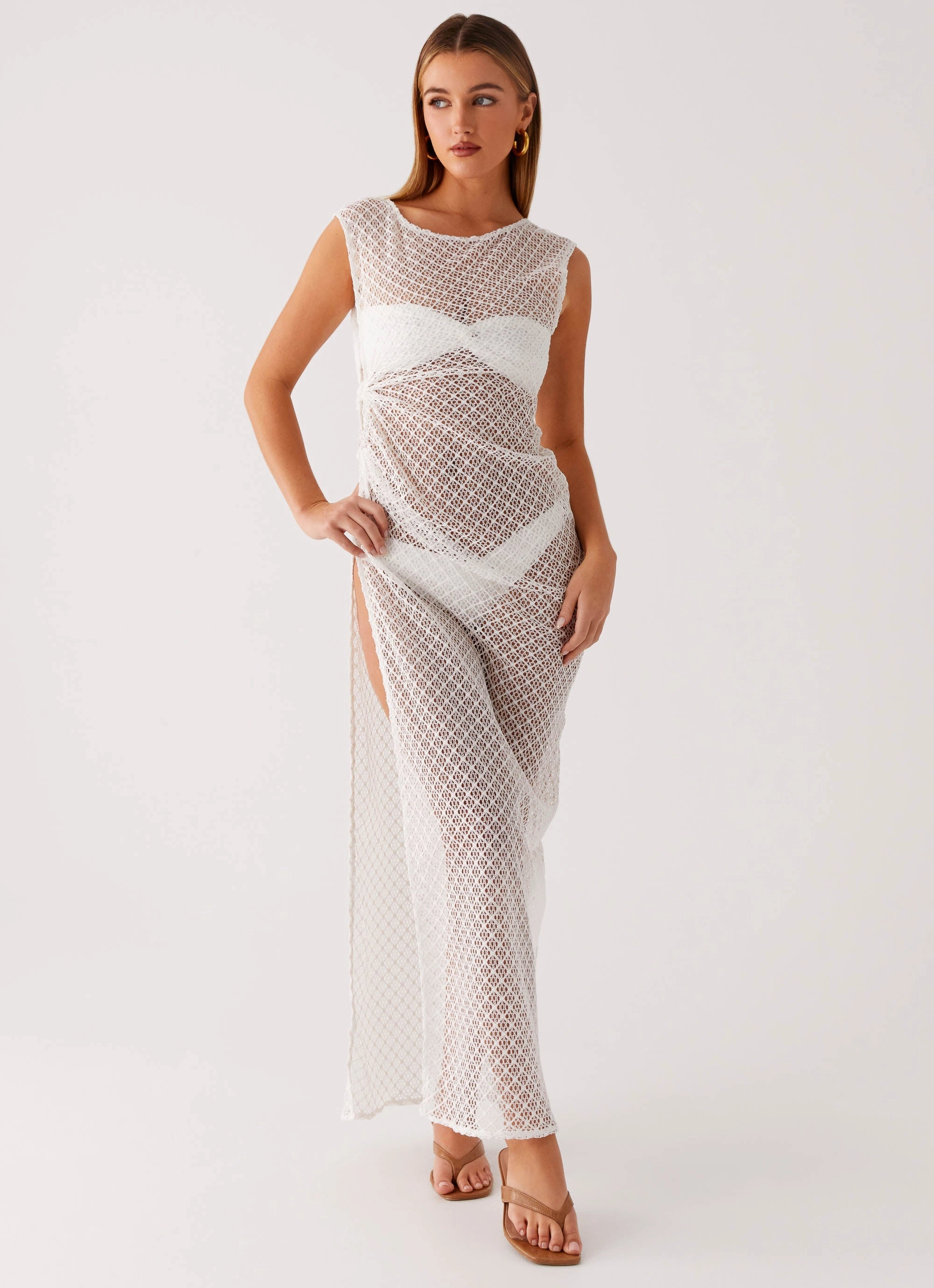 Maeva Maxi Dress - White Mesh-Sleeve