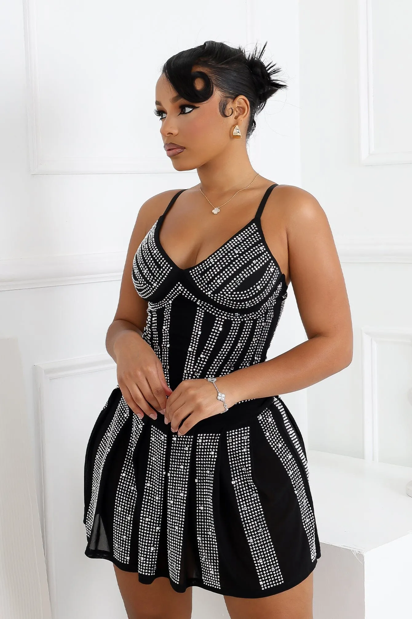 Marie Mesh Rhinestone Pleated Mini Dress New Spirit Subtle design