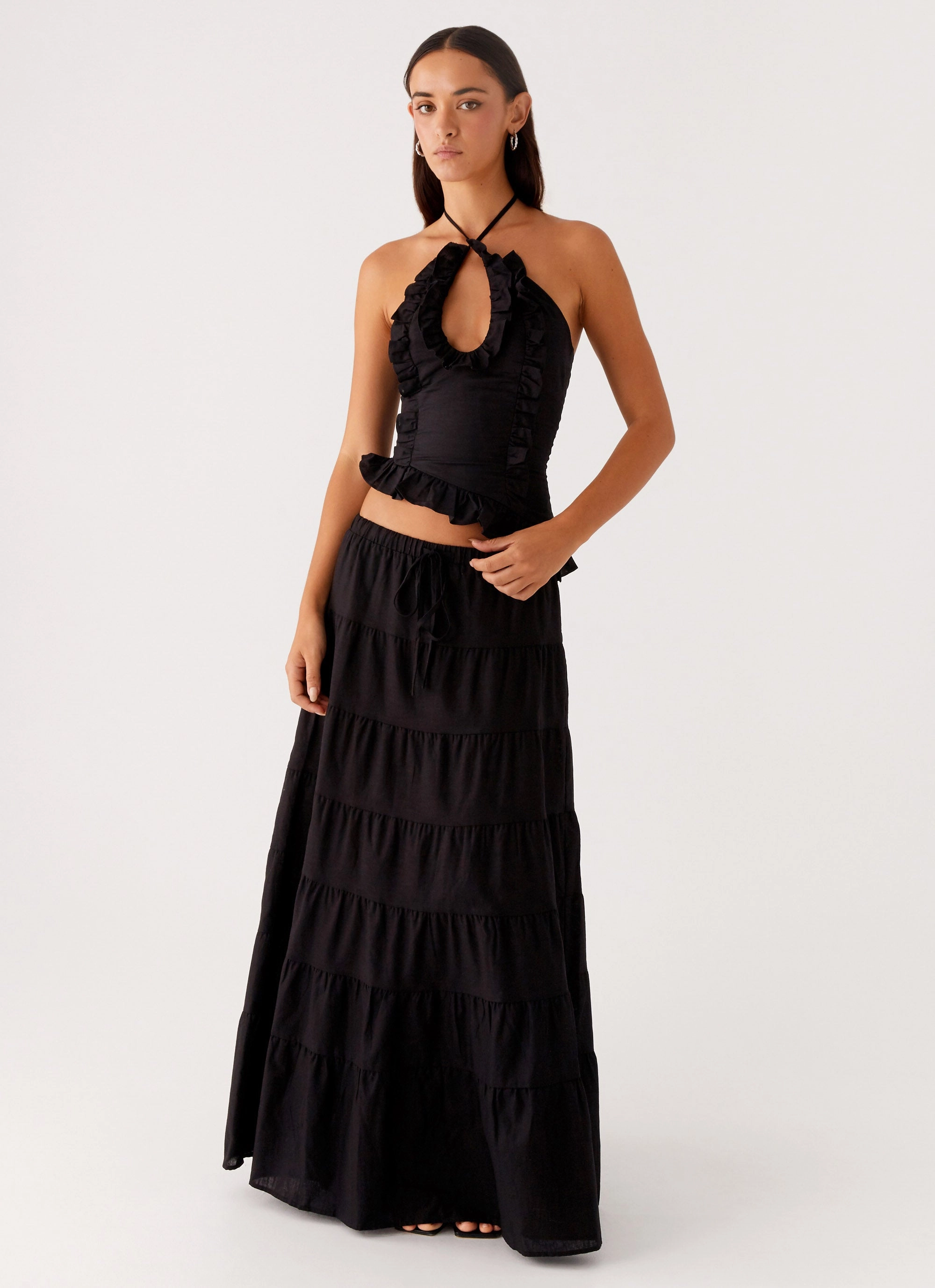 Mariella Linen Maxi Skirt - Black Retro Style