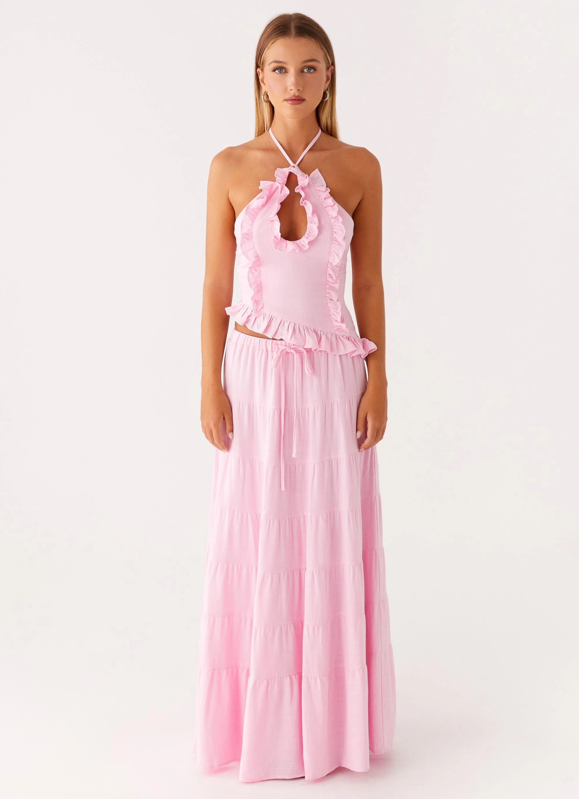 Mariella Linen Maxi Skirt - Pink Elegant Flow Laser Cut Edges