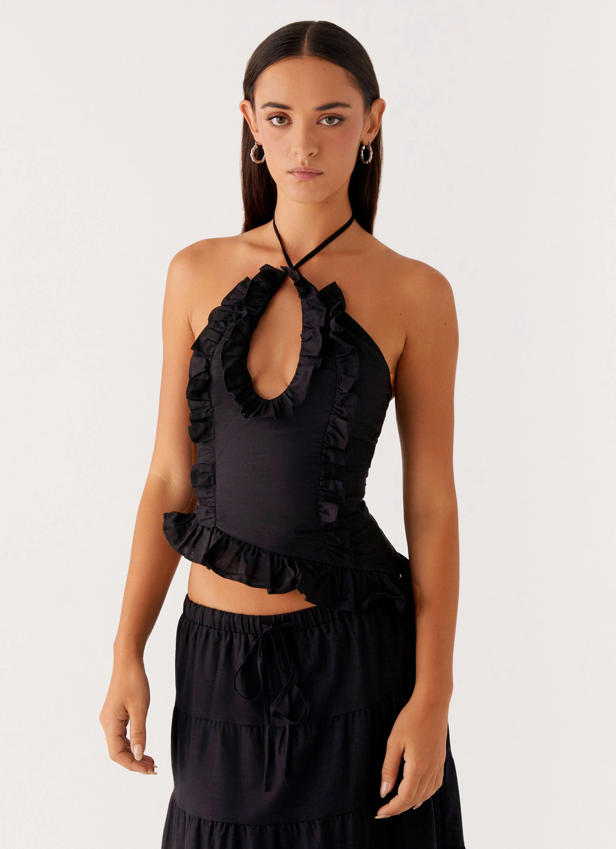 Elegant Cardigan DoubleStitchedHem Mariella Linen Top - Black