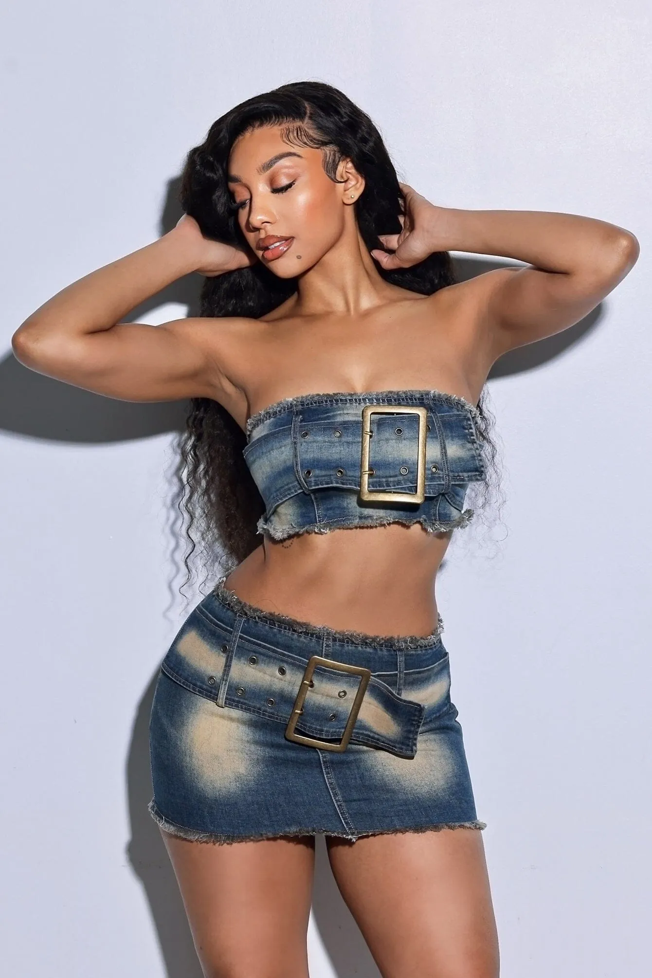 Breathable Design Solid shade Match Made Vintage Washed Belted Tube Top & Skirt SET