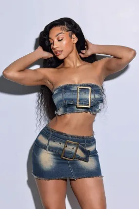 Breathable Design Solid shade Match Made Vintage Washed Belted Tube Top & Skirt SET