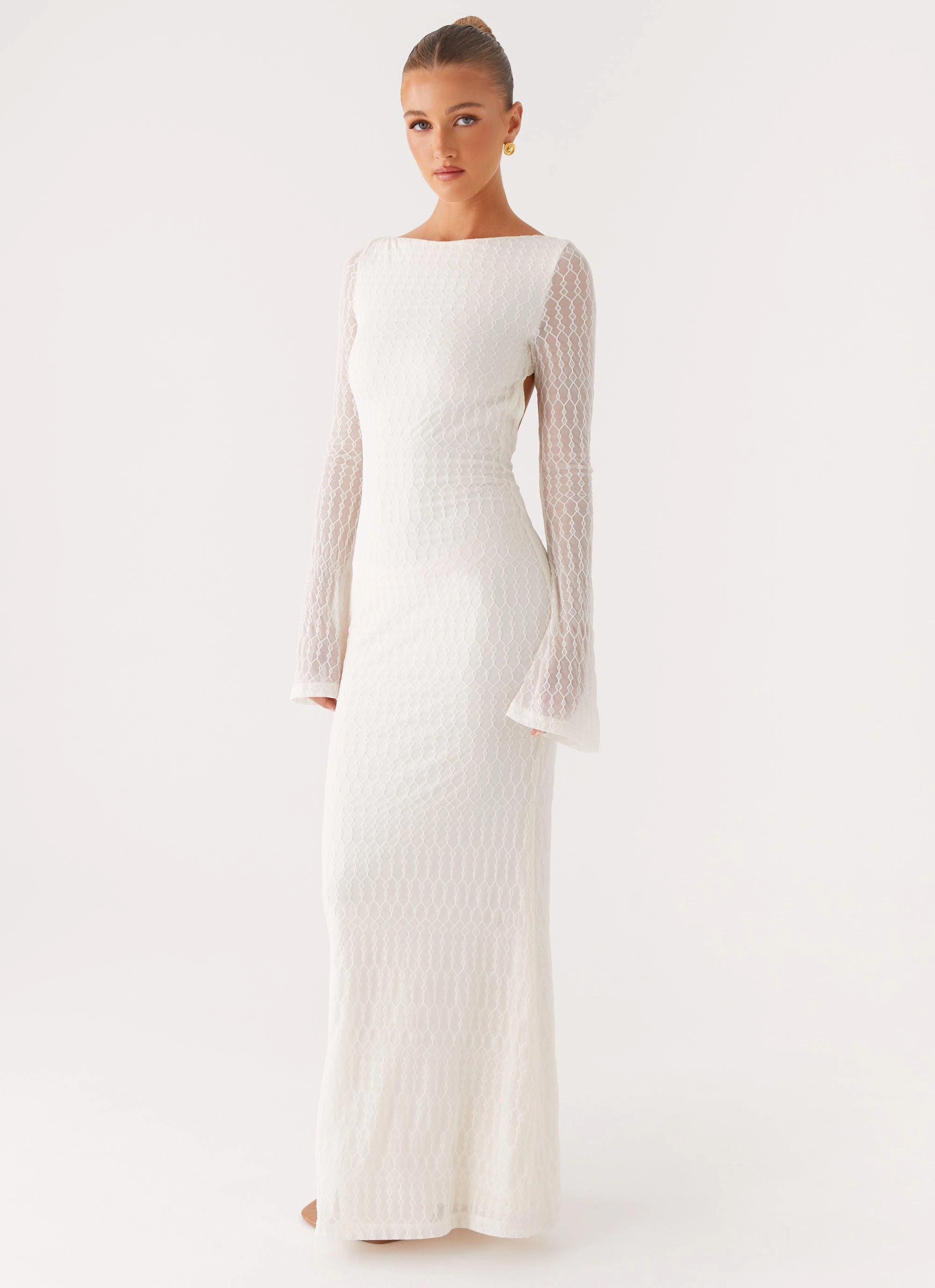 Draped-Style Ethereal Long Sleeve Maxi Dress - Ivory