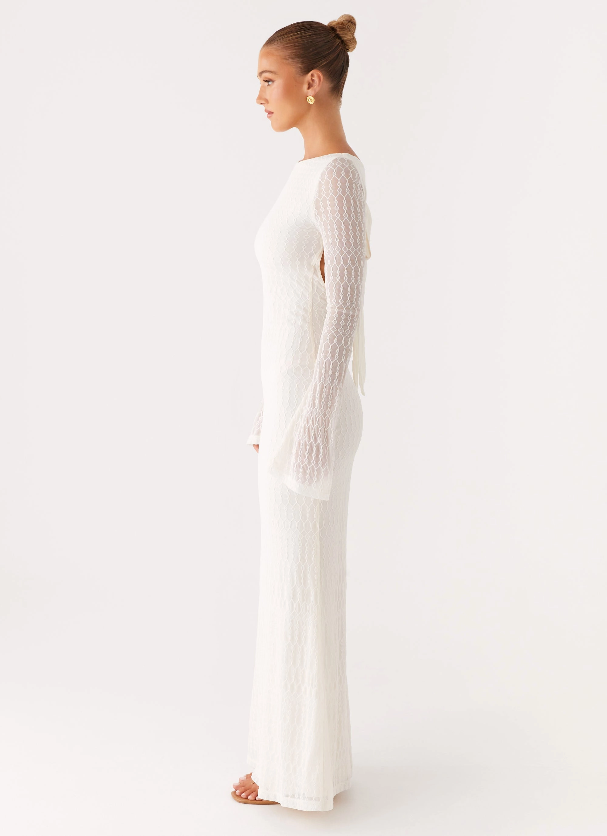 Ethereal Long Sleeve Maxi Dress - Ivory Smooth Detail Calm Grace