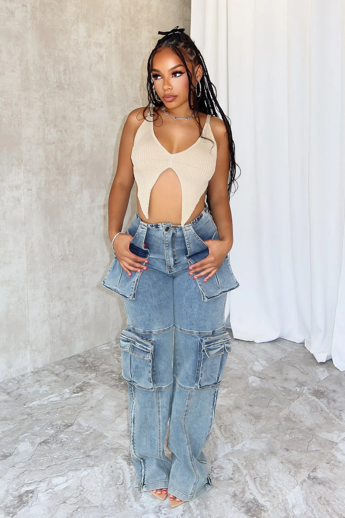 Beck Washed Denim Cargo Jeans Erasable Logo Patch