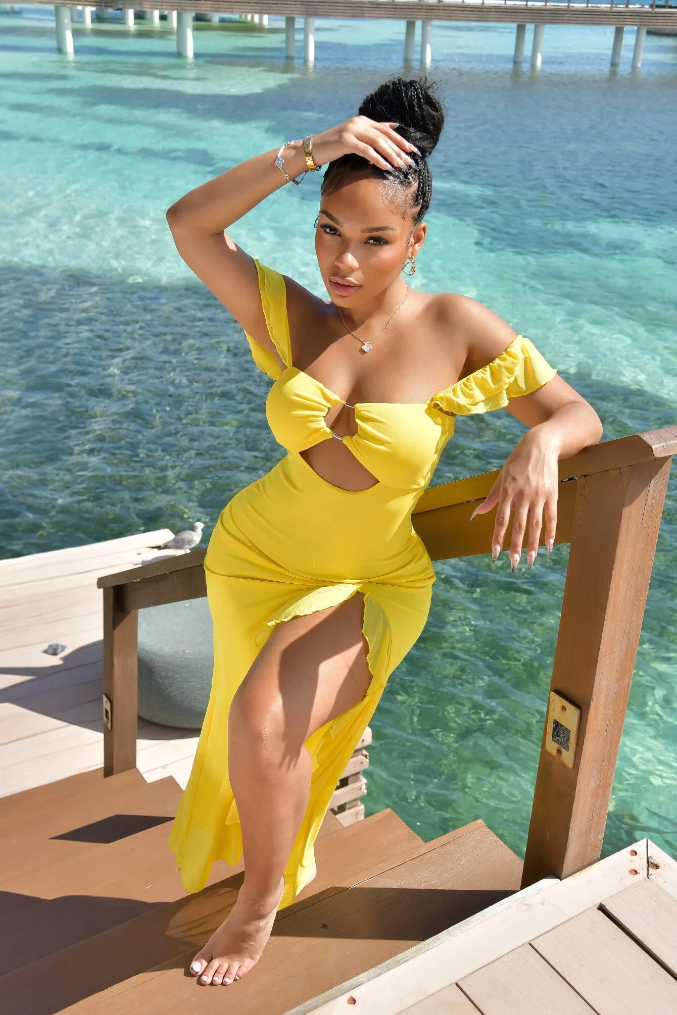 Megan Mesh Cutout Ruffle Midi Dress Cool Comfort