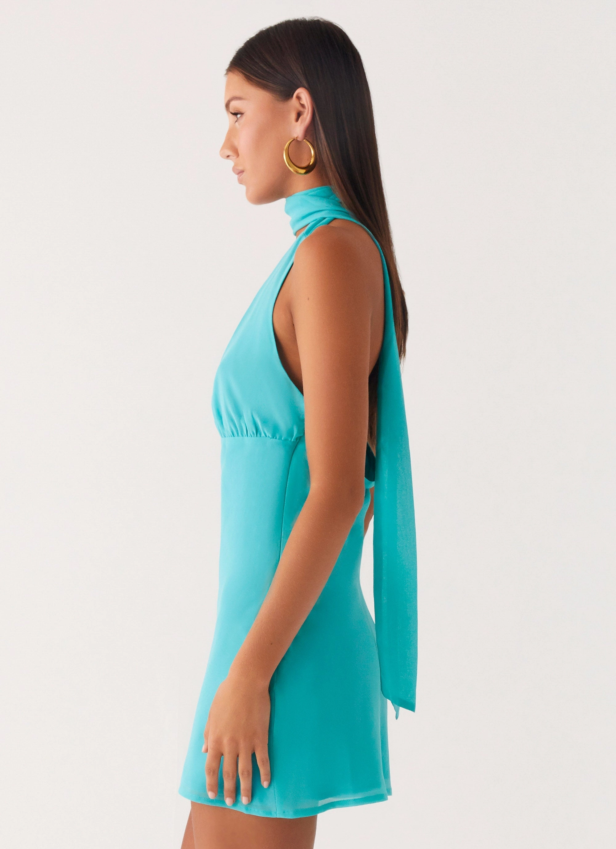 Melisande Scarf Neck Mini Dress - Aqua Blue single wear