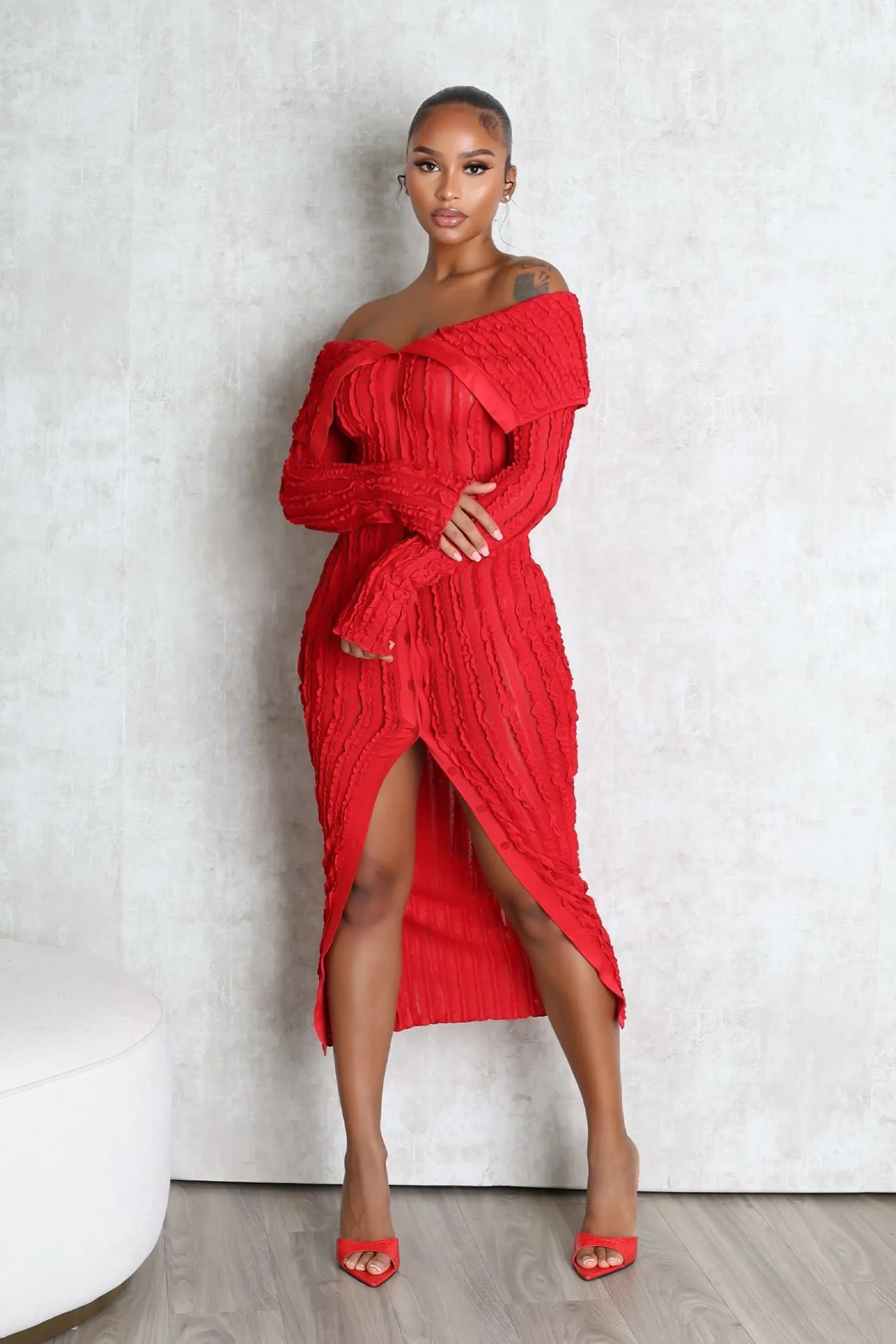Melody Off Shoulder Mesh Dress Belted-Style Velvet-Edge