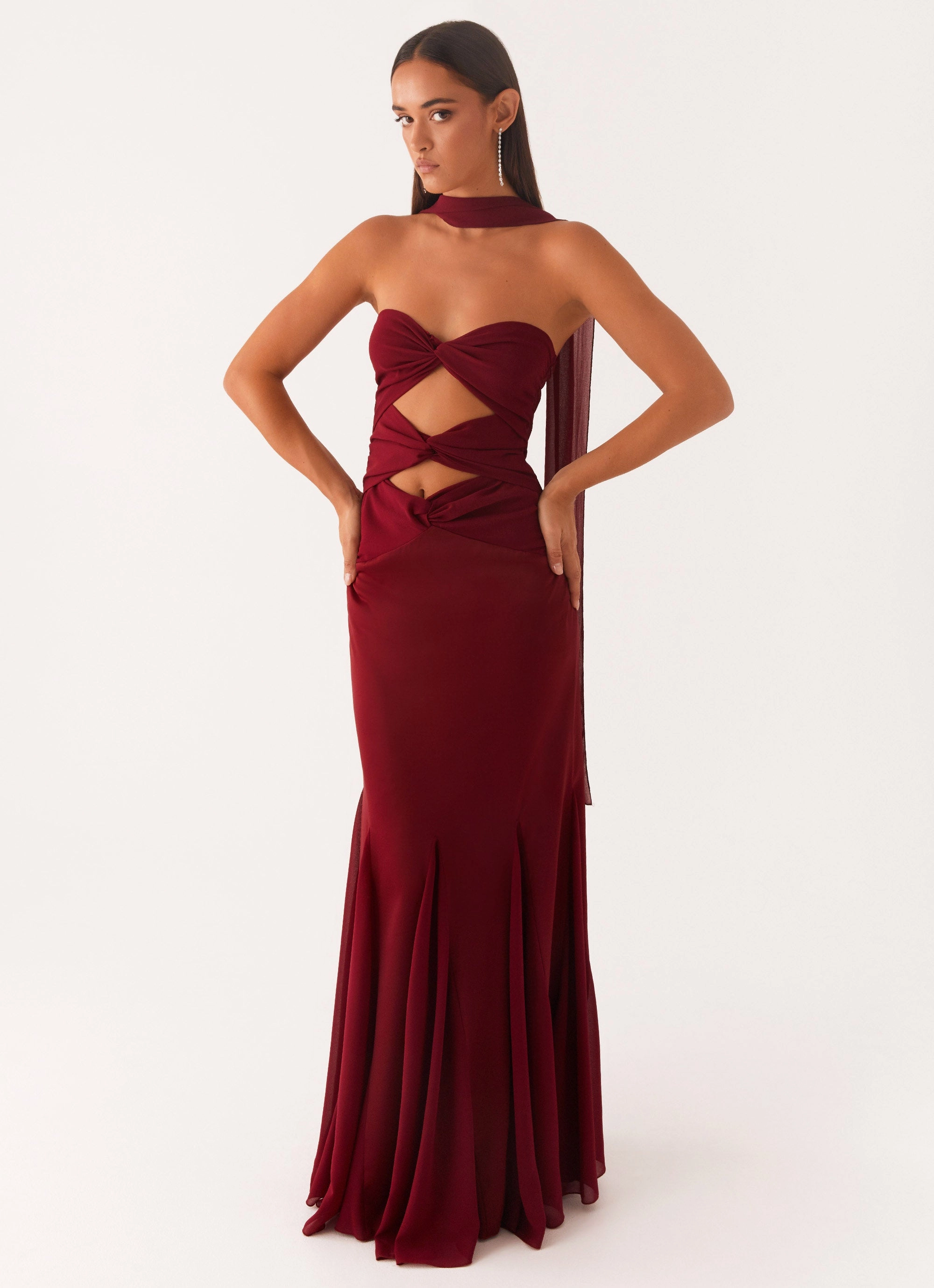 Sleek Silhouette Melrose Satin Chiffon Maxi Dress - Deep Red