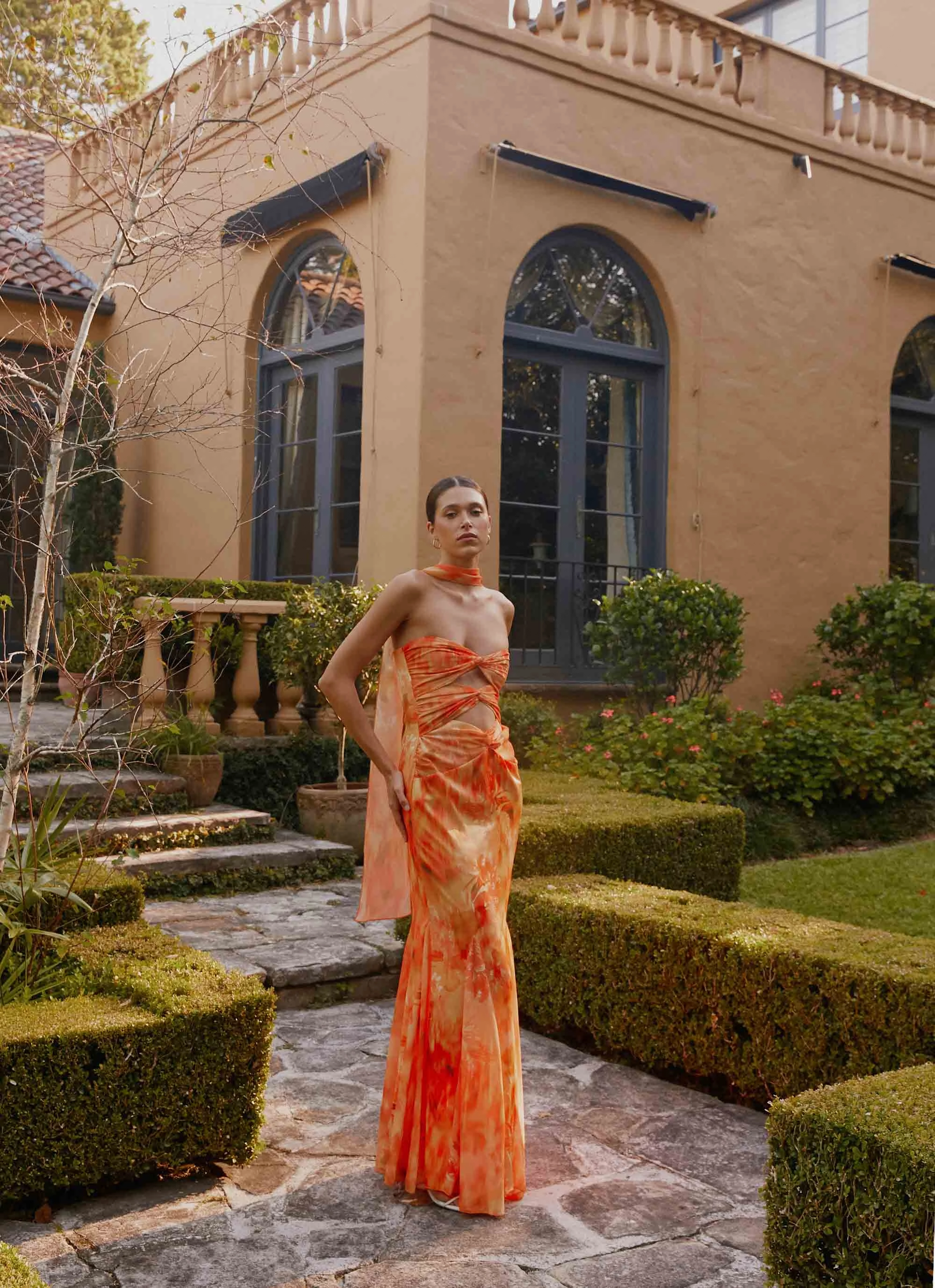 Work-to-Play Wear Slim Silhouette Melrose Satin Chiffon Maxi Dress - Sunset Floral