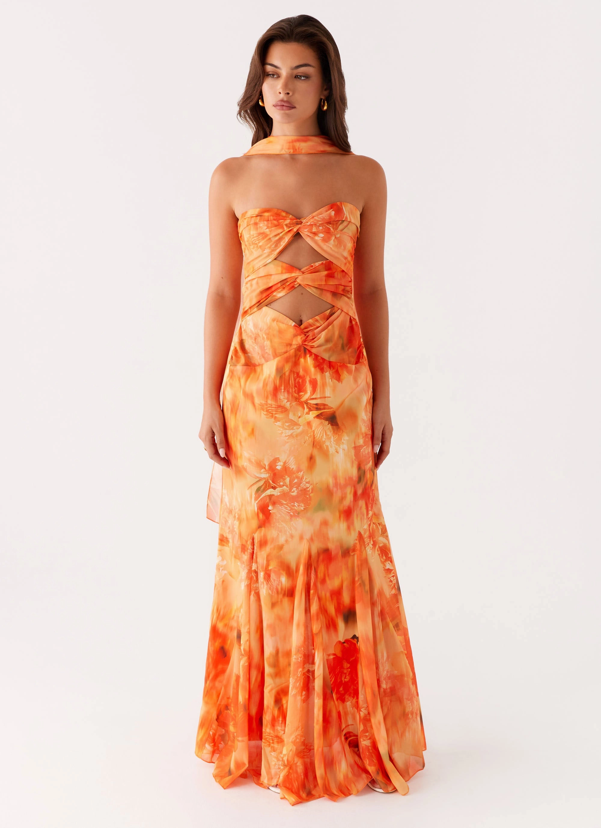 Pure Color Aura Glow Melrose Satin Chiffon Maxi Dress - Sunset Floral