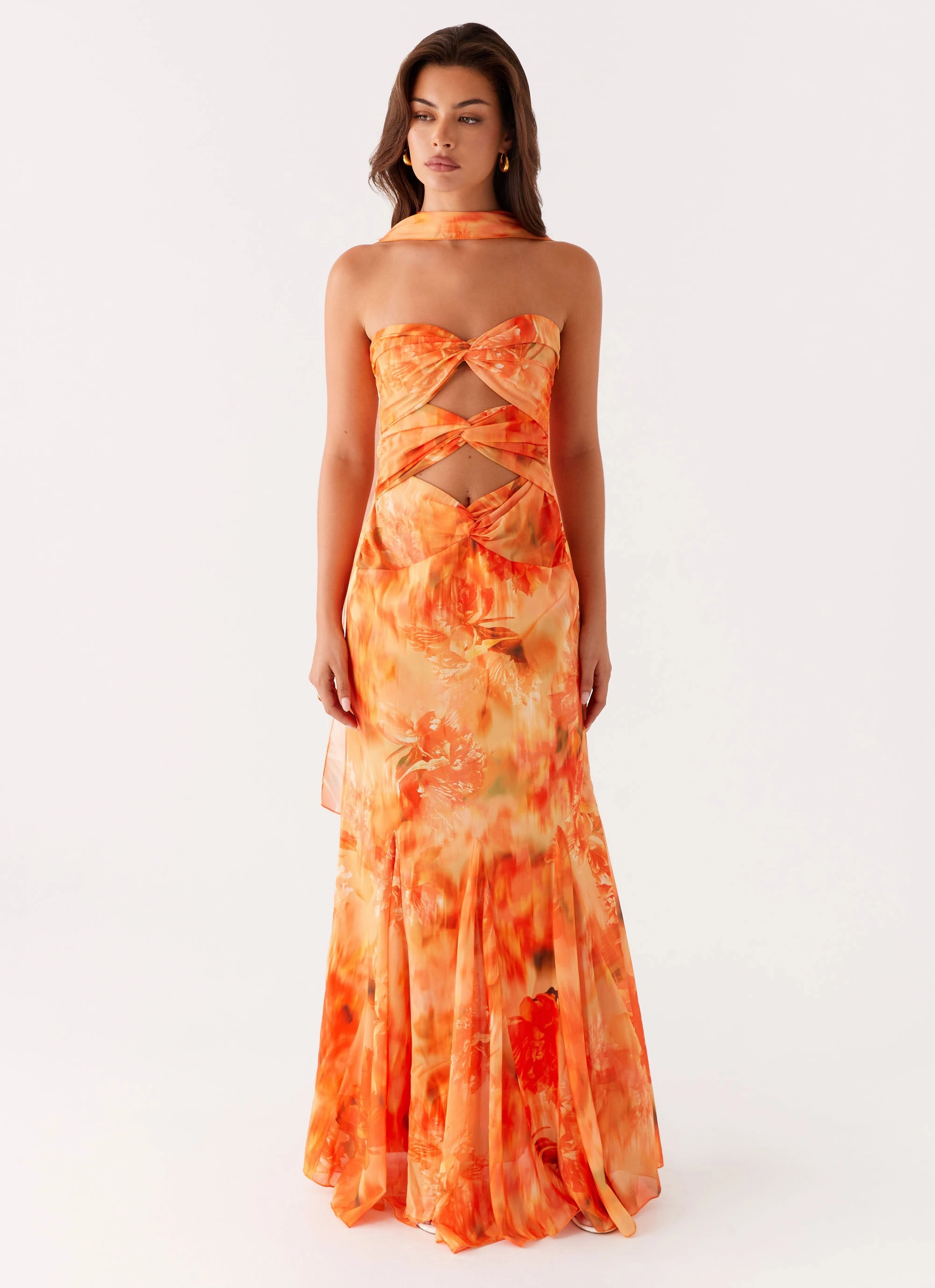 Melrose Satin Chiffon Maxi Dress - Sunset Floral Boxy-Style Calm Texture