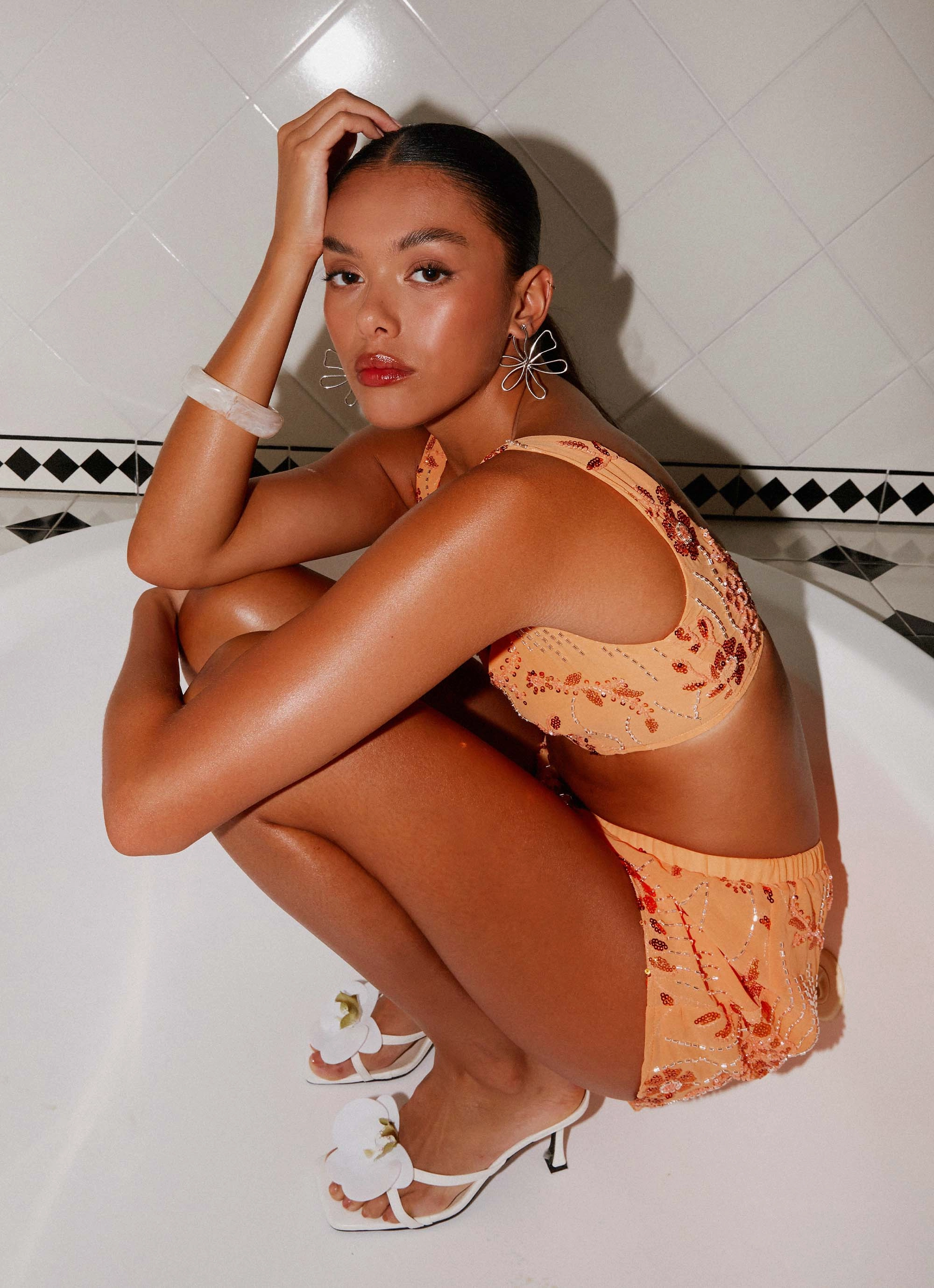 Thermal Regulating Weekend Wear Mercer Sequin Mini Shorts - Orange