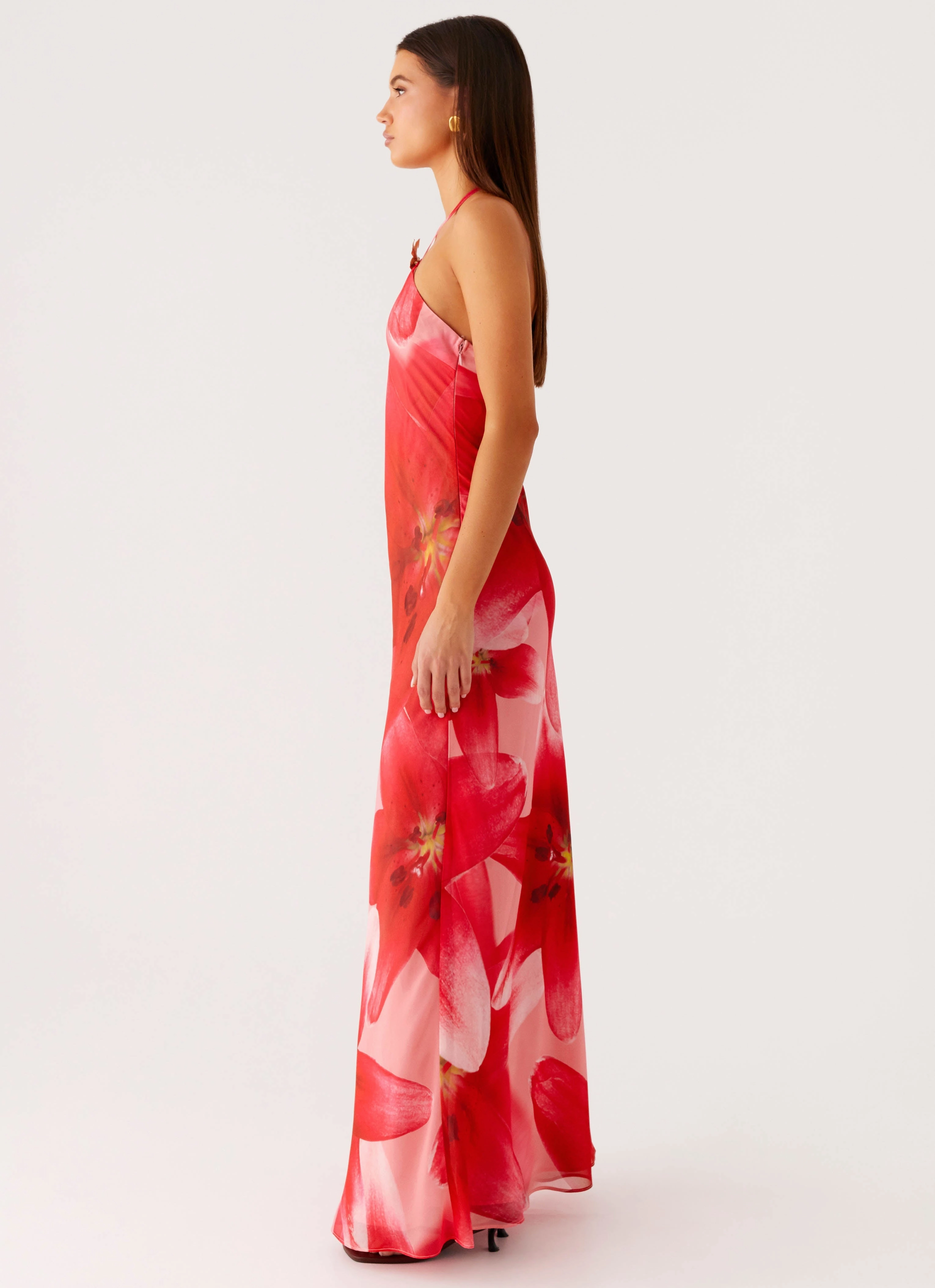 Pose Glow Tonal-Stitching Vatiana Chiffon Maxi Dress - Peach Watermelon Flower