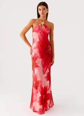 Vatiana Chiffon Maxi Dress - Peach Watermelon Flower Winter-Season Chilly Wear