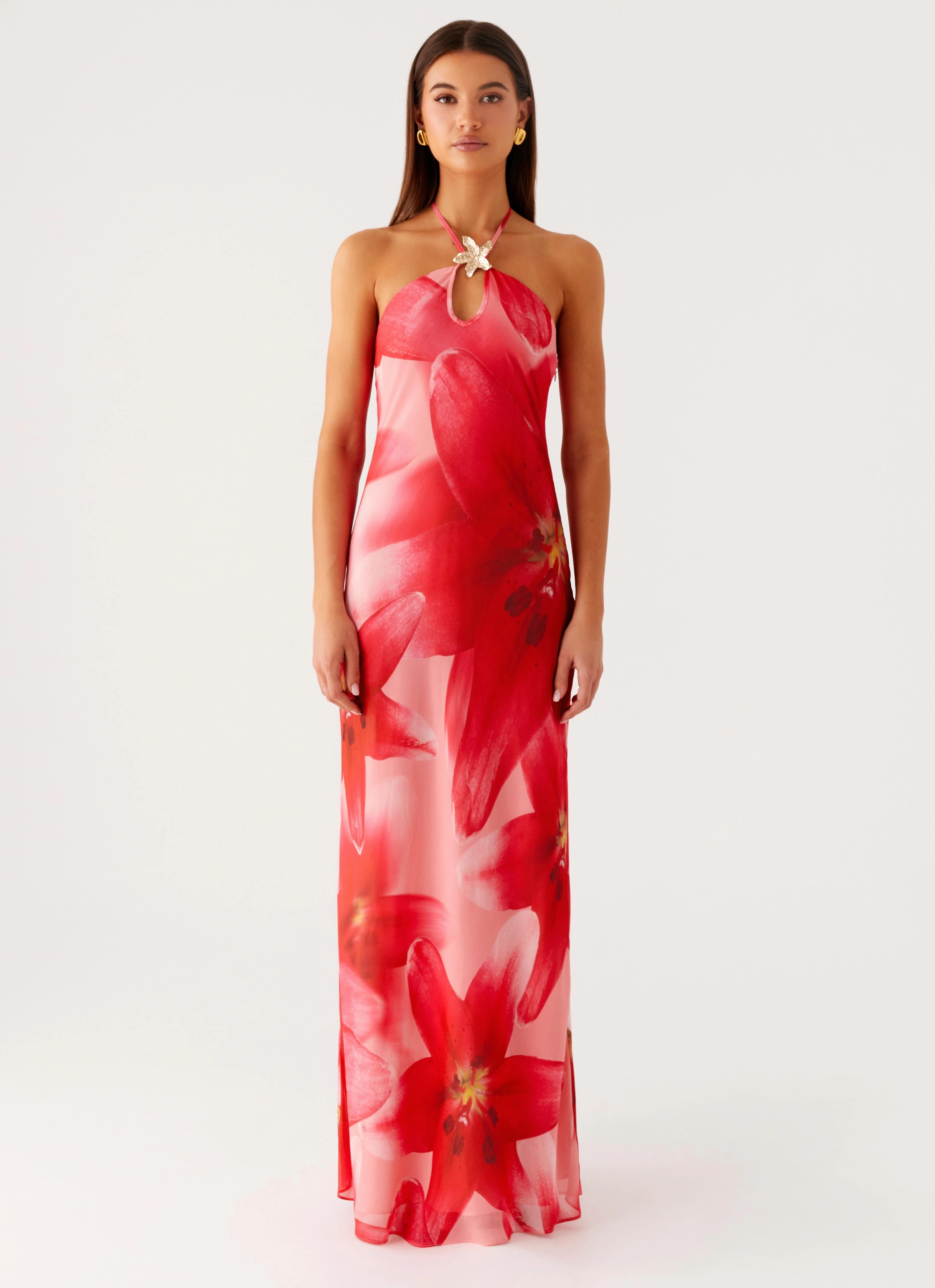 Vatiana Chiffon Maxi Dress - Peach Watermelon Flower Party outfit Polished Look