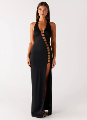 Midnight Dreams Maxi Dress - Black Waist Seam Minimalist-Trend
