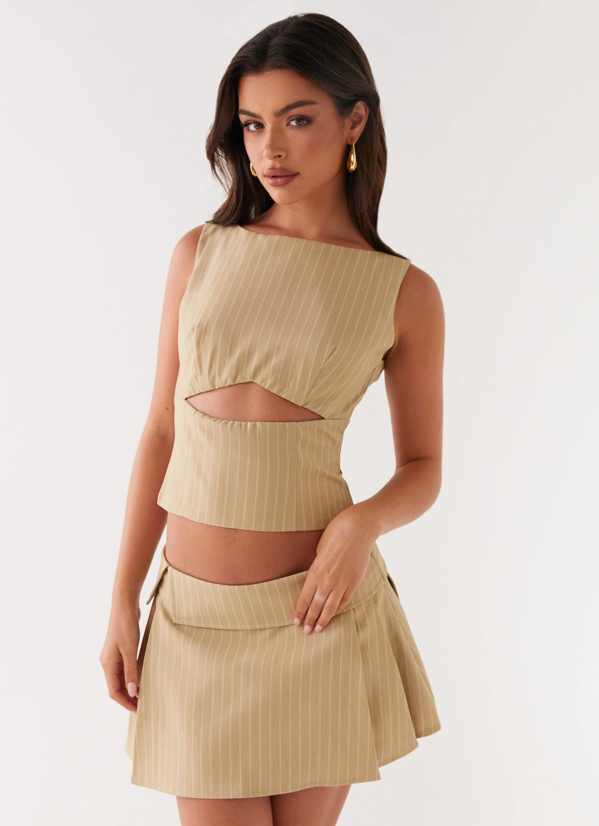 Miki Mini Skirt - Beige Stripe Biodegradable Fabric