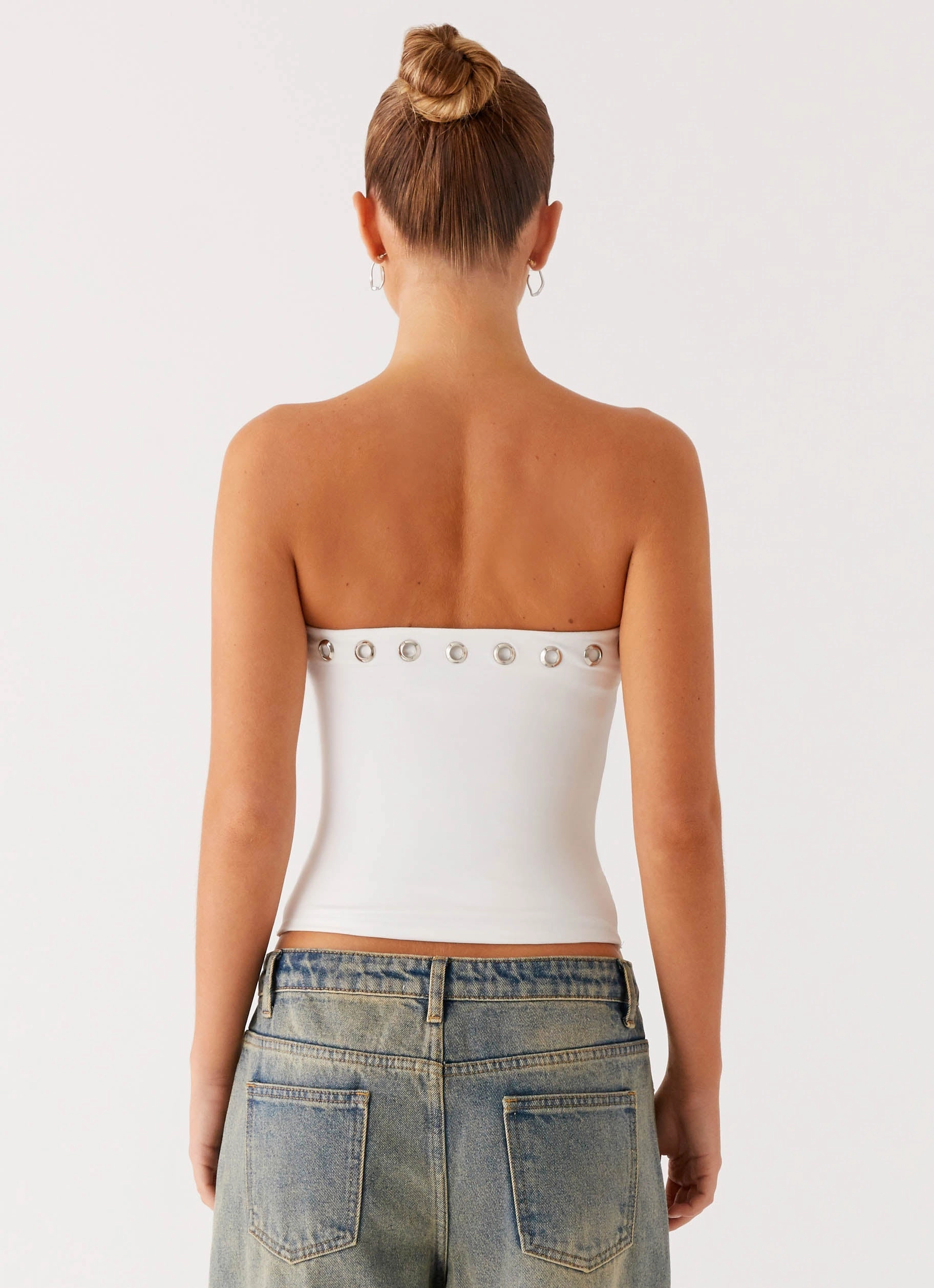 Contrast Stitching Heather Effect Finish Miku Eyelet Strapless Top - White