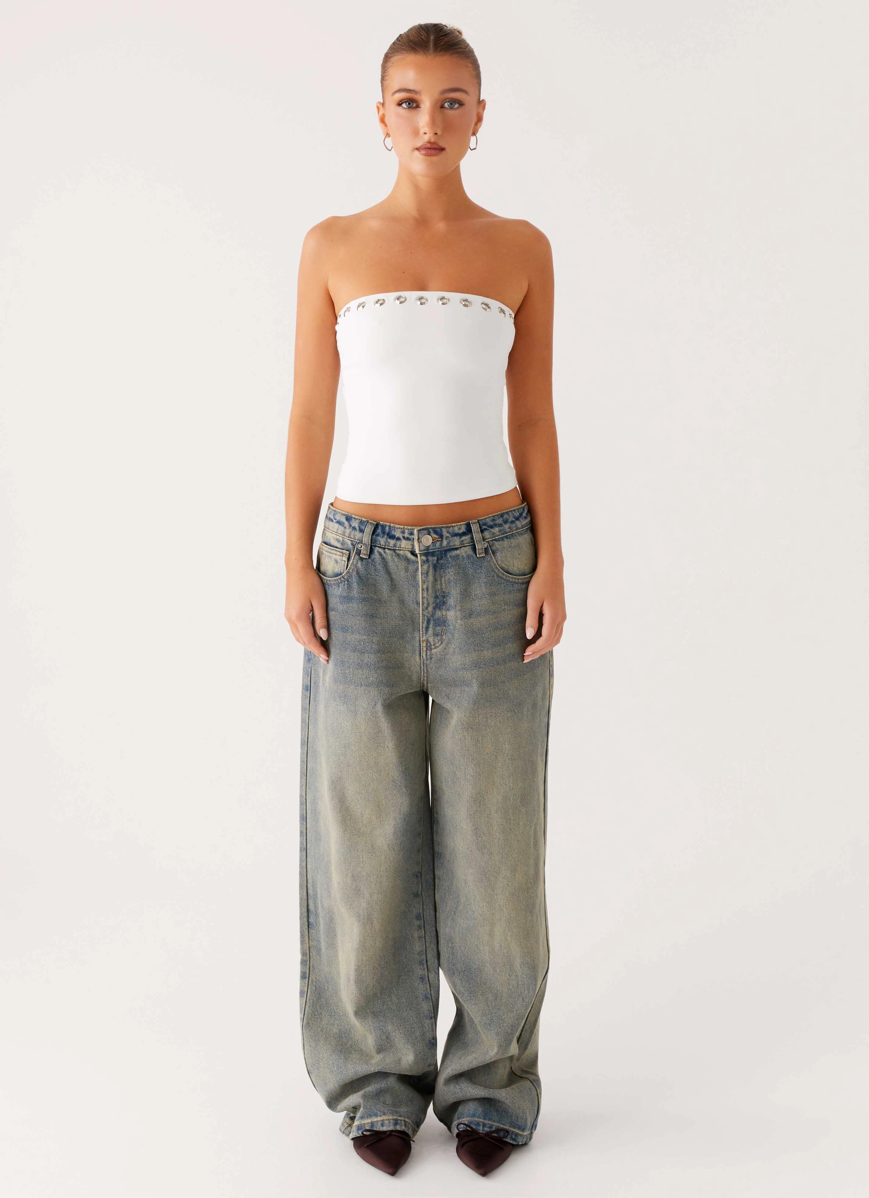 Miku Eyelet Strapless Top - White Garment Washed Softness