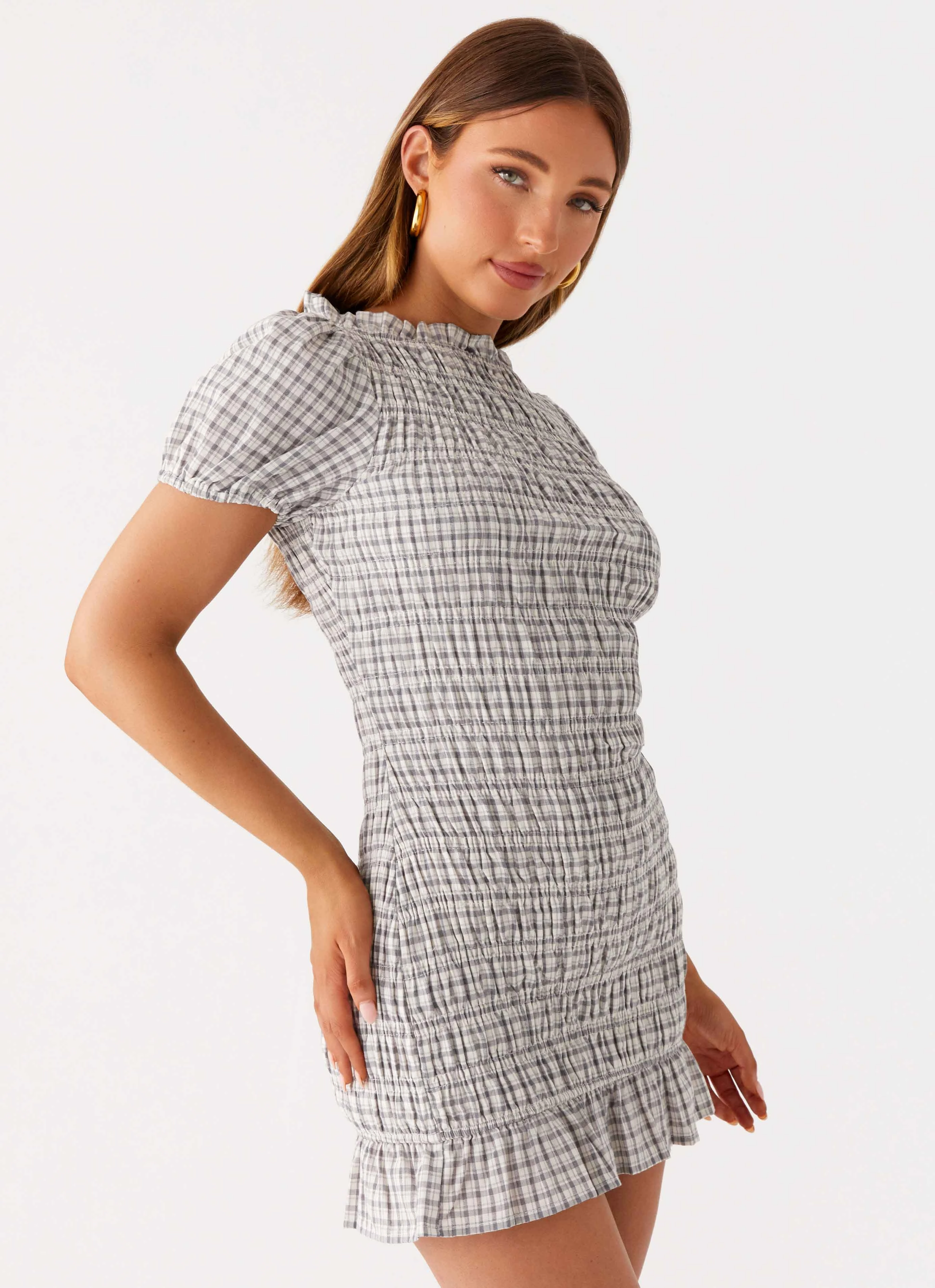 Silk-Blend Subtle Finish Millicent Ruched Mini Dress - Grey Check