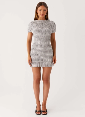 Stylish Appeal Mature Glam Millicent Ruched Mini Dress - Grey Check