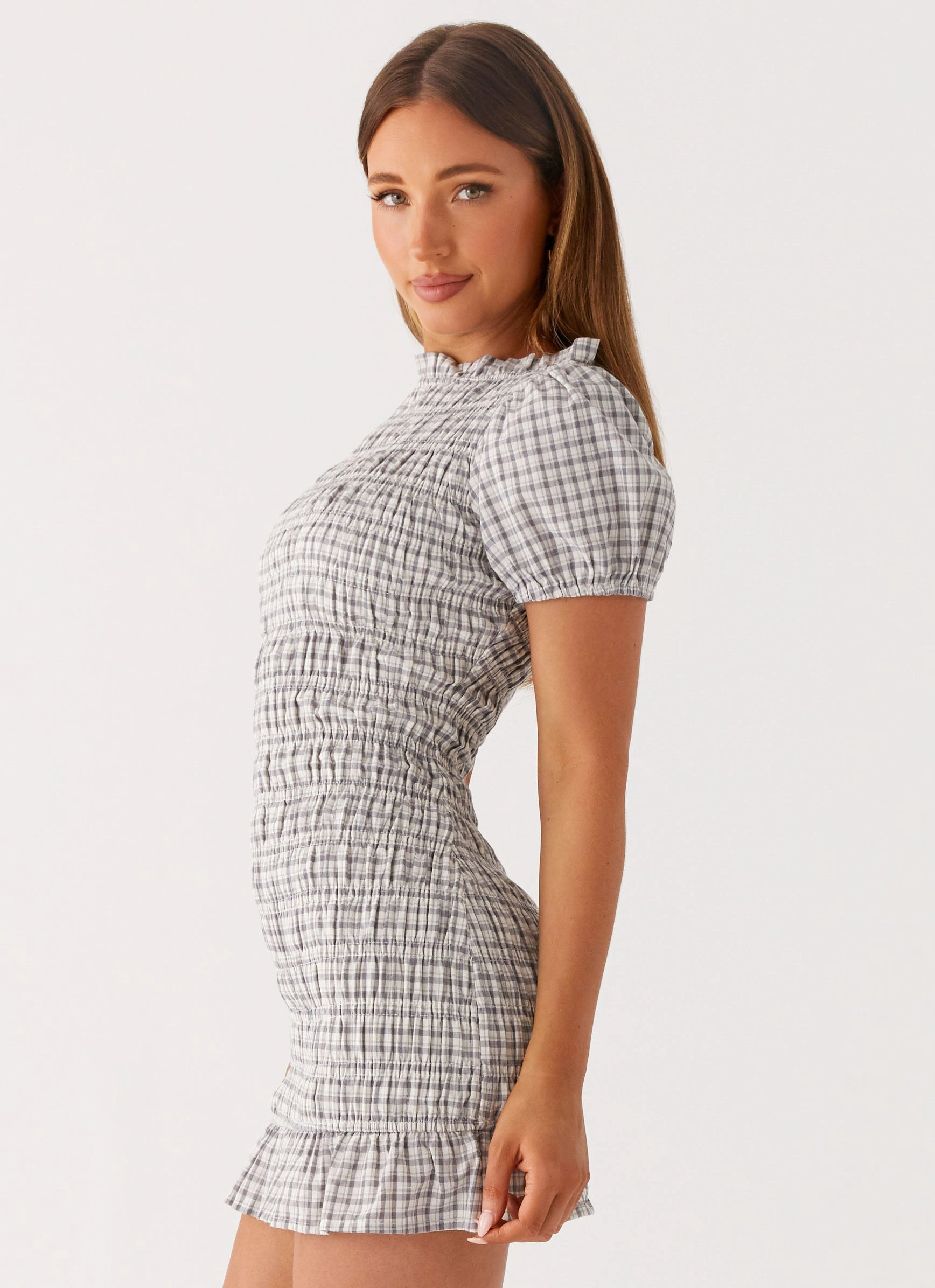 Essential Style Millicent Ruched Mini Dress - Grey Check