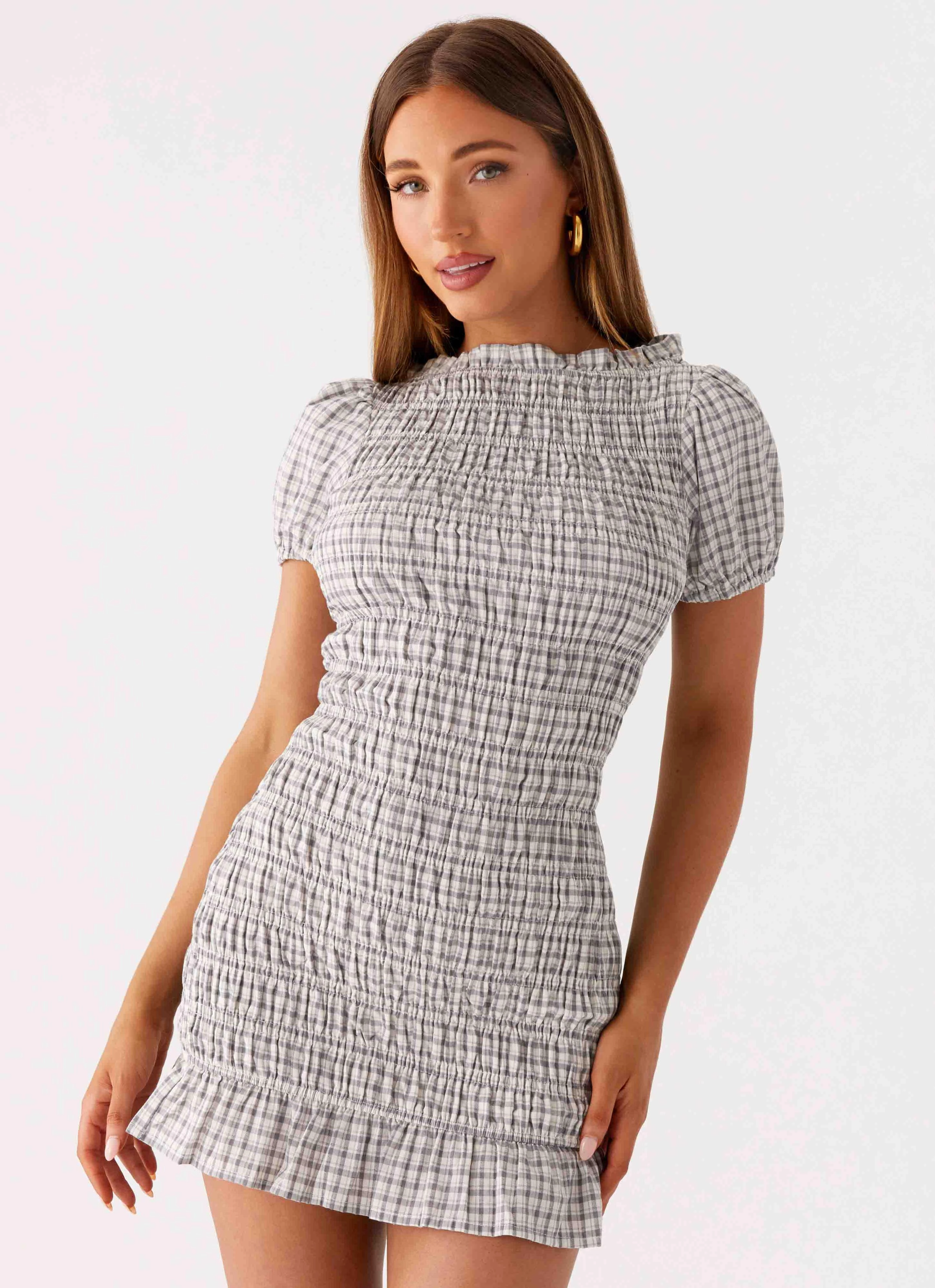 Millicent Ruched Mini Dress - Grey Check Calm Shine