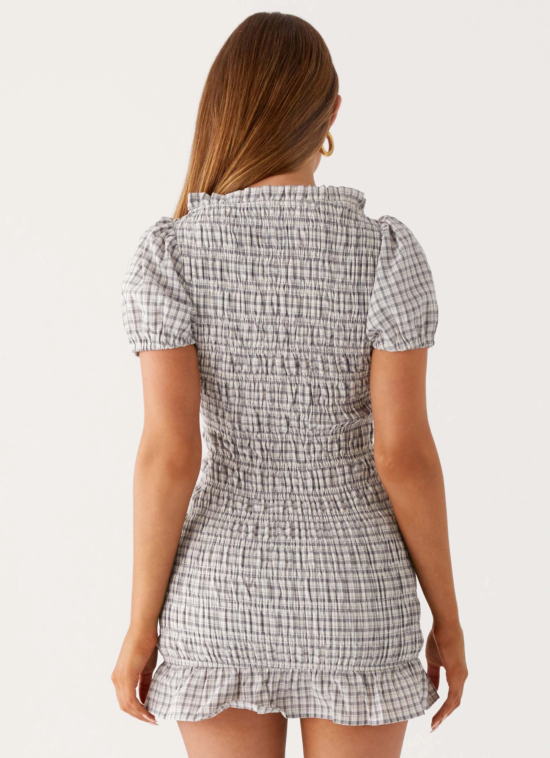 Millicent Ruched Mini Dress - Grey Check Minimal Comfort