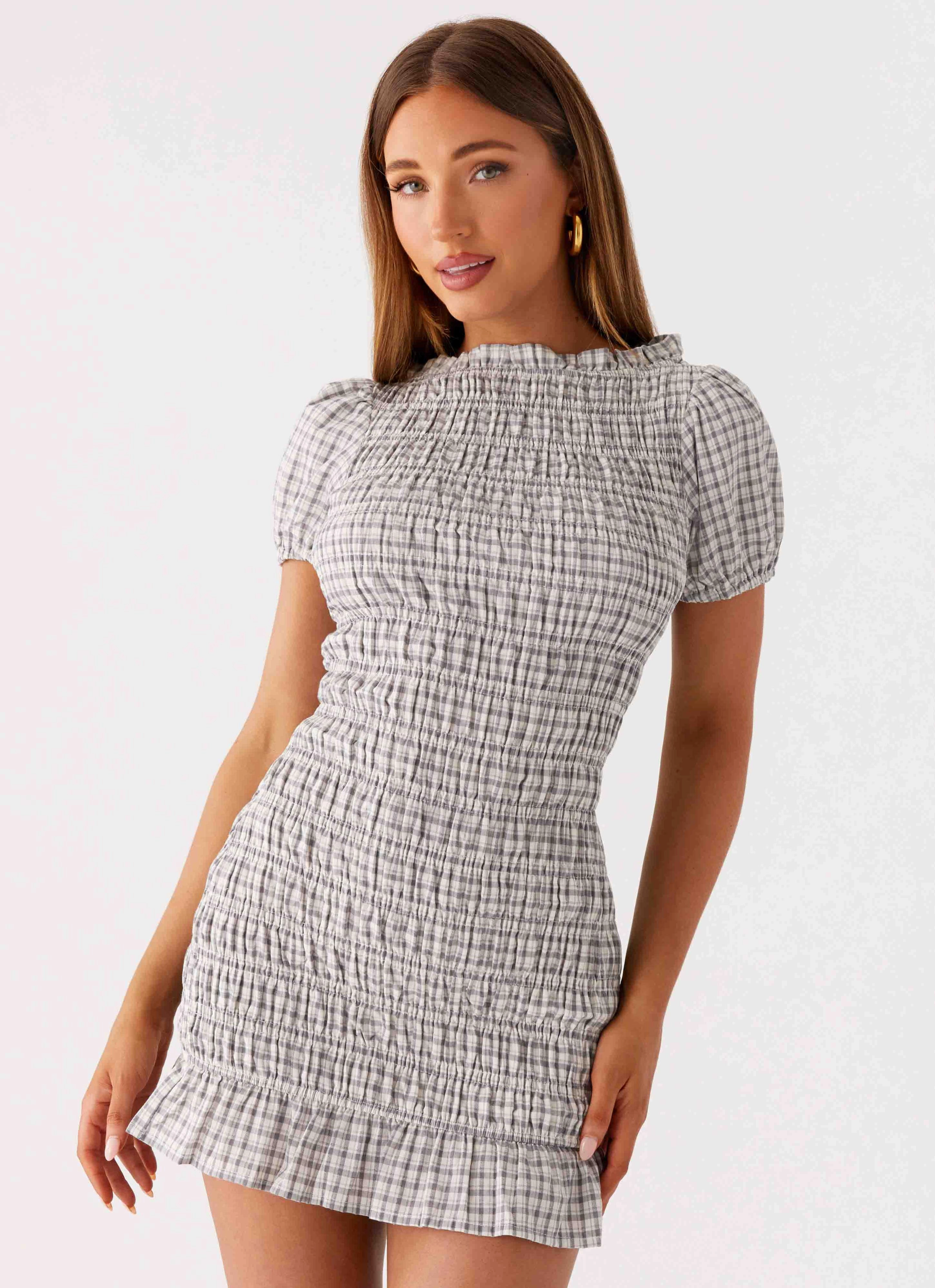 Millicent Ruched Mini Dress - Grey Check City Look