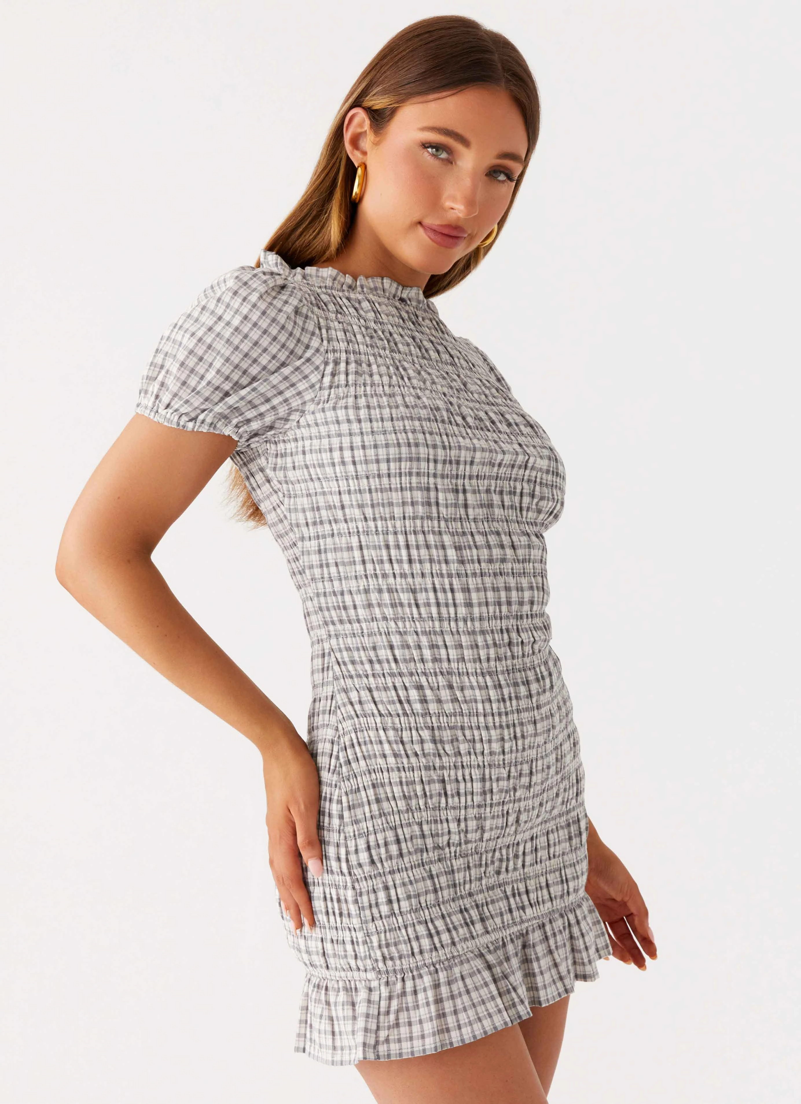 Double Layered Design Millicent Ruched Mini Dress - Grey Check